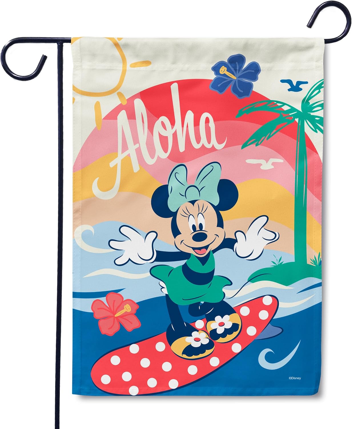 Flagology, Disney Aloha Surfer Minnie Mouse Summer Garden Flag 12" x 18", Outdoor Flag, Exclusive Premium Fabric, Officially Licensed Disney, Outdoor Décor