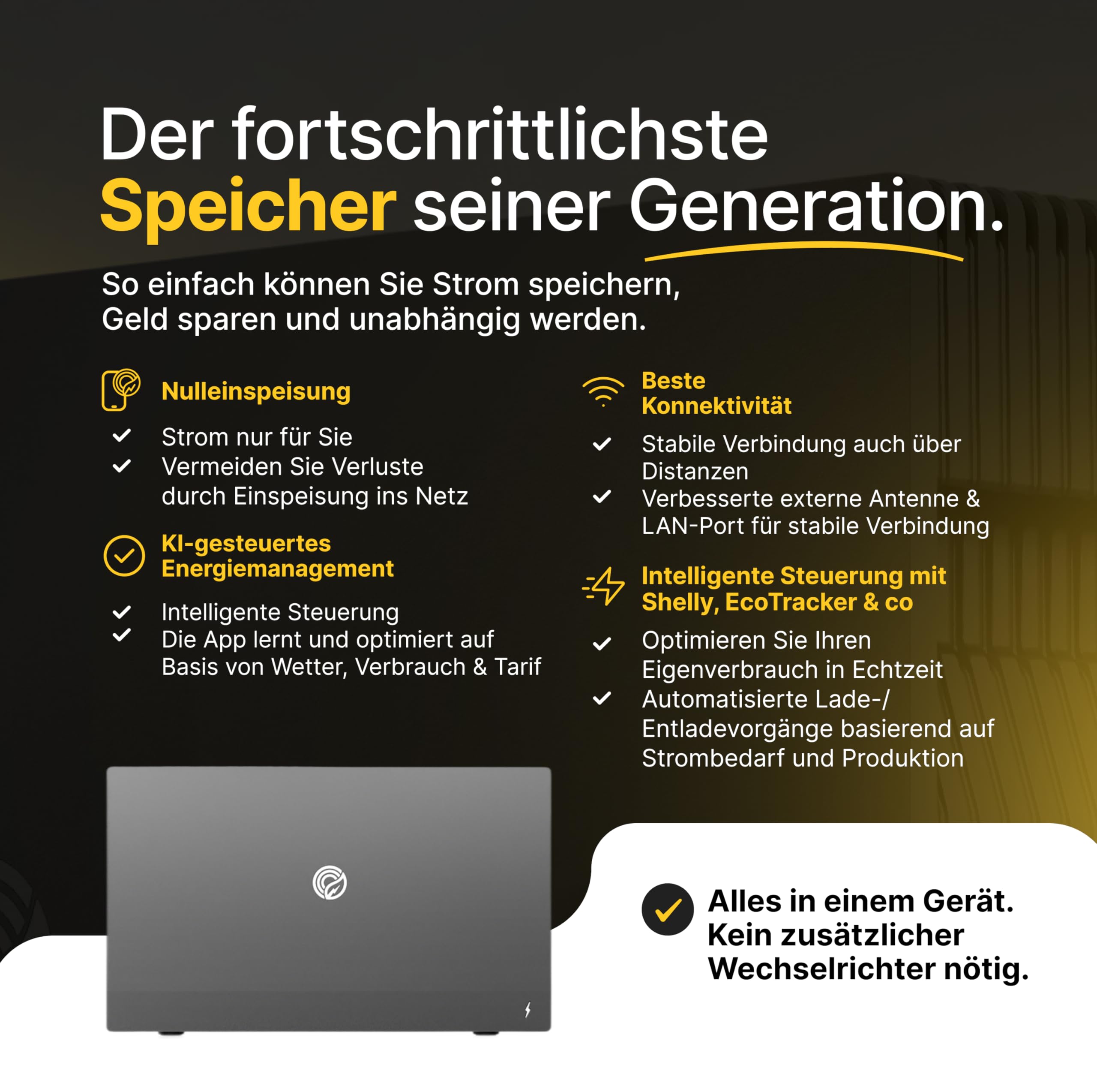 Solakon® ONE All-in-One Balkonkraftwerk Speicher mit 2,11 kWh Kapazität, 2600W über 4 MPPTs, KI-Funktionen, Nulleinspeisung, einheitlichem App-Ökosystem, Plug & Play