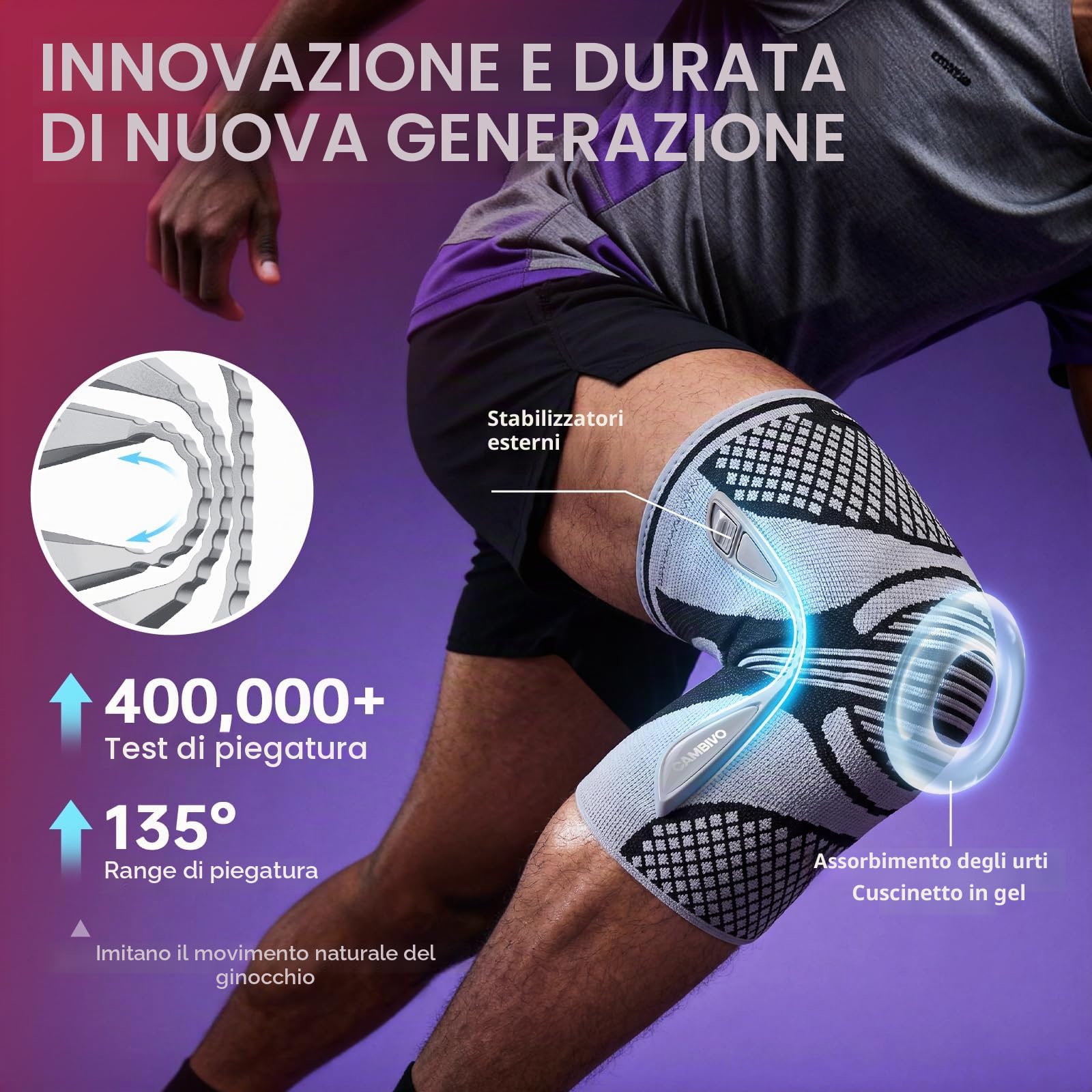 Ginocchiera Ortopedica con Supporti Rimovibili - Stabilizzatori Laterali Magnetici, Cuscinetto in Gel Rotuleo, Tutore Ginocchio a Compressione, Antiscivolo, per Sport, Palestra, Corsa e Recupero