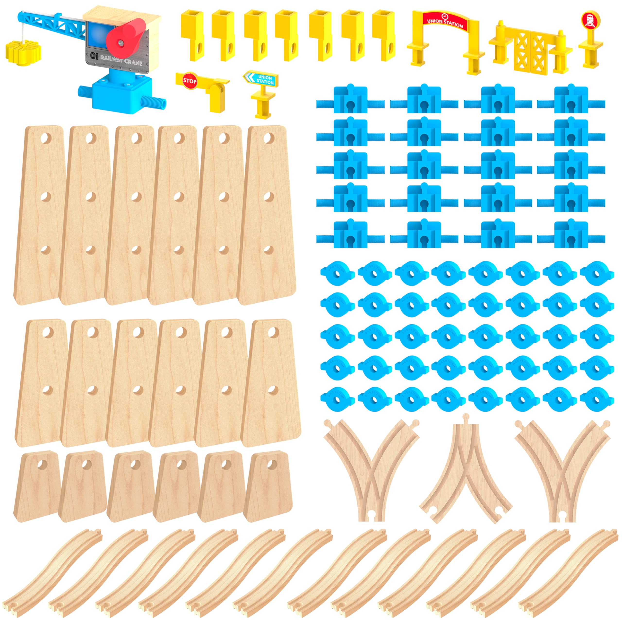 ORBRIUM 115 Pcs Build & Play Ultimate Elevated Wooden Railway Construction Set Expansion Pack #3 with Wooden Train Tracks, Crane, Ascending Tracks, Compatible with Thomas, Brio, IKEA, Melissa & Doug
