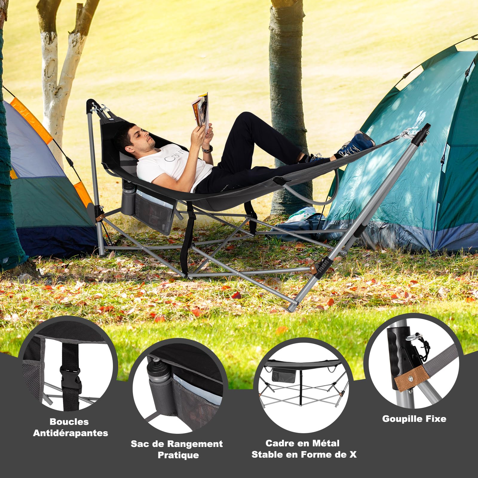 COSTWAY Hamac sur Pied, Hamac Pliant avec Support Métallique et en Tissu d’Oxford, Poche Latérale et Boucles Anti-Basculement, pour Porche, Patio, Jardin, Charge 150KG, 227 x 82 x 89CM