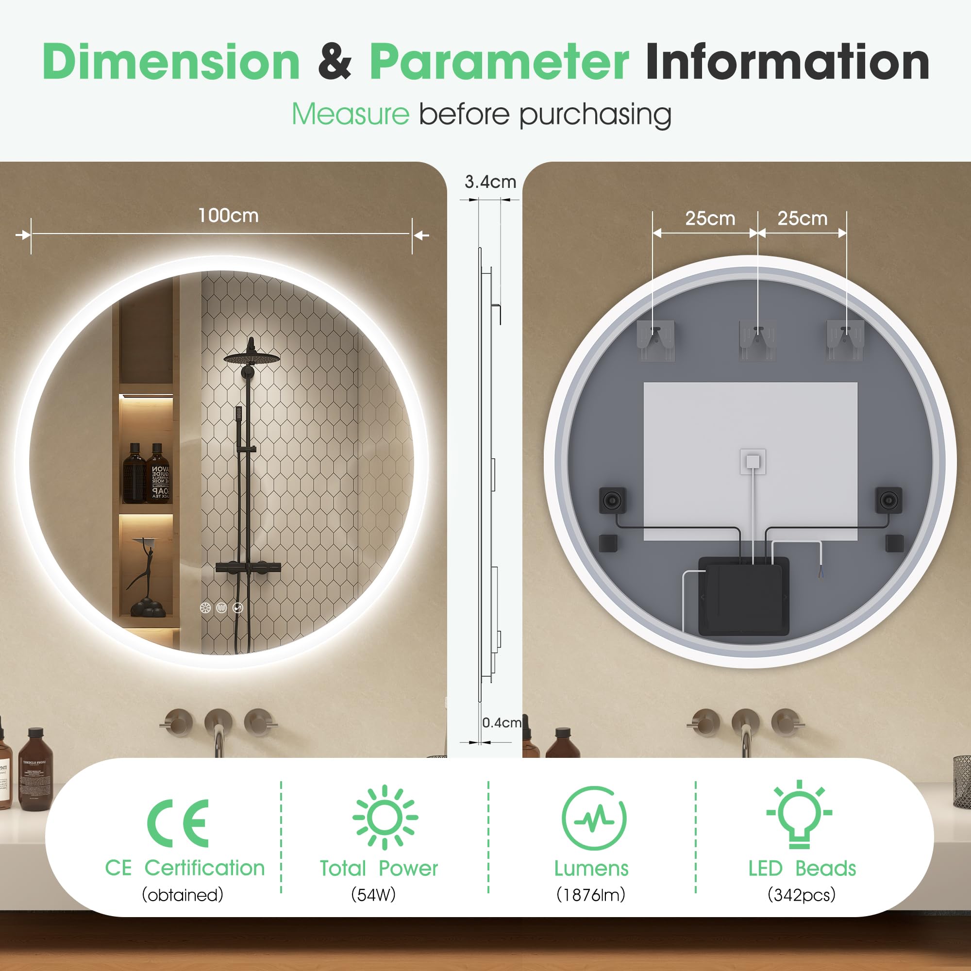S'bagno Okrągłe lustro łazienkowe z oświetleniem-100 cm, lustro łazienkowe z oświetleniem i Bluetooth, odparowanie, 3000 K/4000 K/6500 K, możliwość ściemniania, szkło hartowane HD, funkcja pamięci