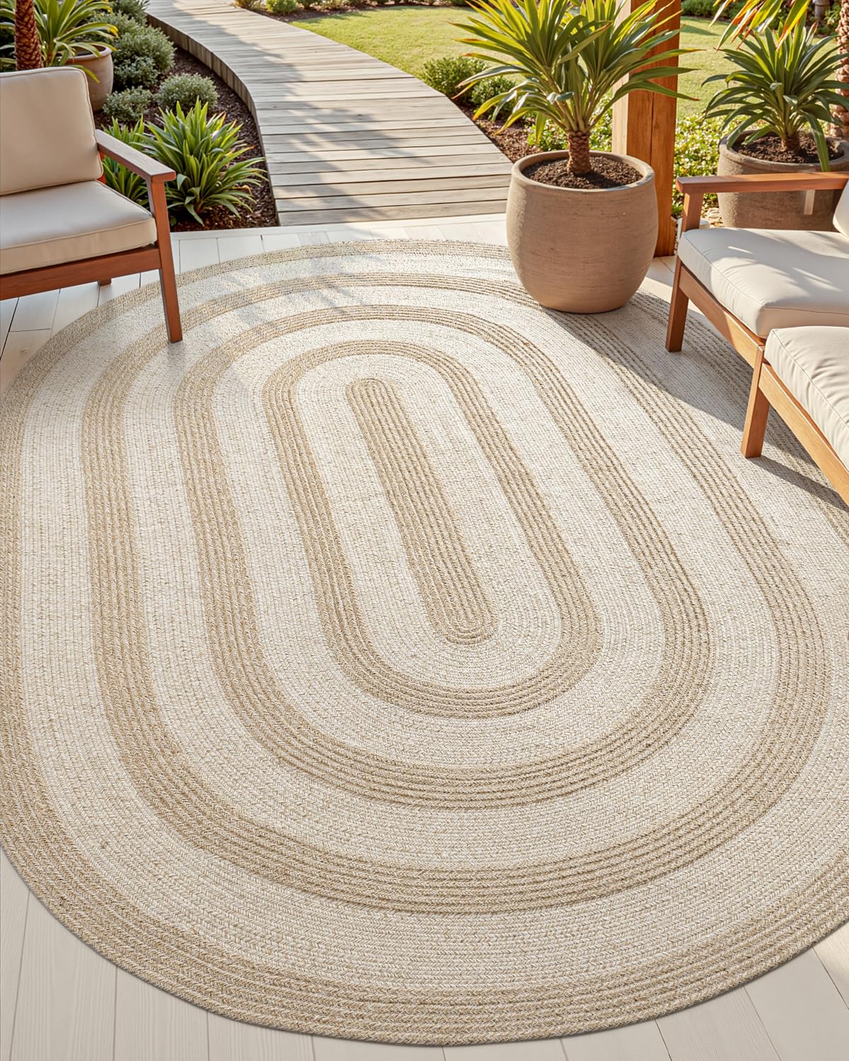 dexi jute area rug natural fiber 6x9 oval, woven braided durable farmhouse design rugs for living room, bedroom dinning room office outdoor patio, beige