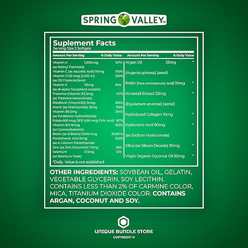Miniatura 4 de Spring Valley - Vitaminas para la piel y las uñas, cápsulas blandas, 5,000 Mcg, 120 unidades dietéticas, suplemento para uñas y piel y cabello +
