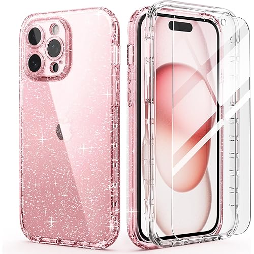 IDweel for iPhone 15 Pro Max Case with Screen Protector(Tempered Glass),Hybrid 2 in 1 Shockproof Soft Slim Fit Transparent Clear Case with TPU Bumper, Protective Silicone Airbag Cover,Glitter Pink