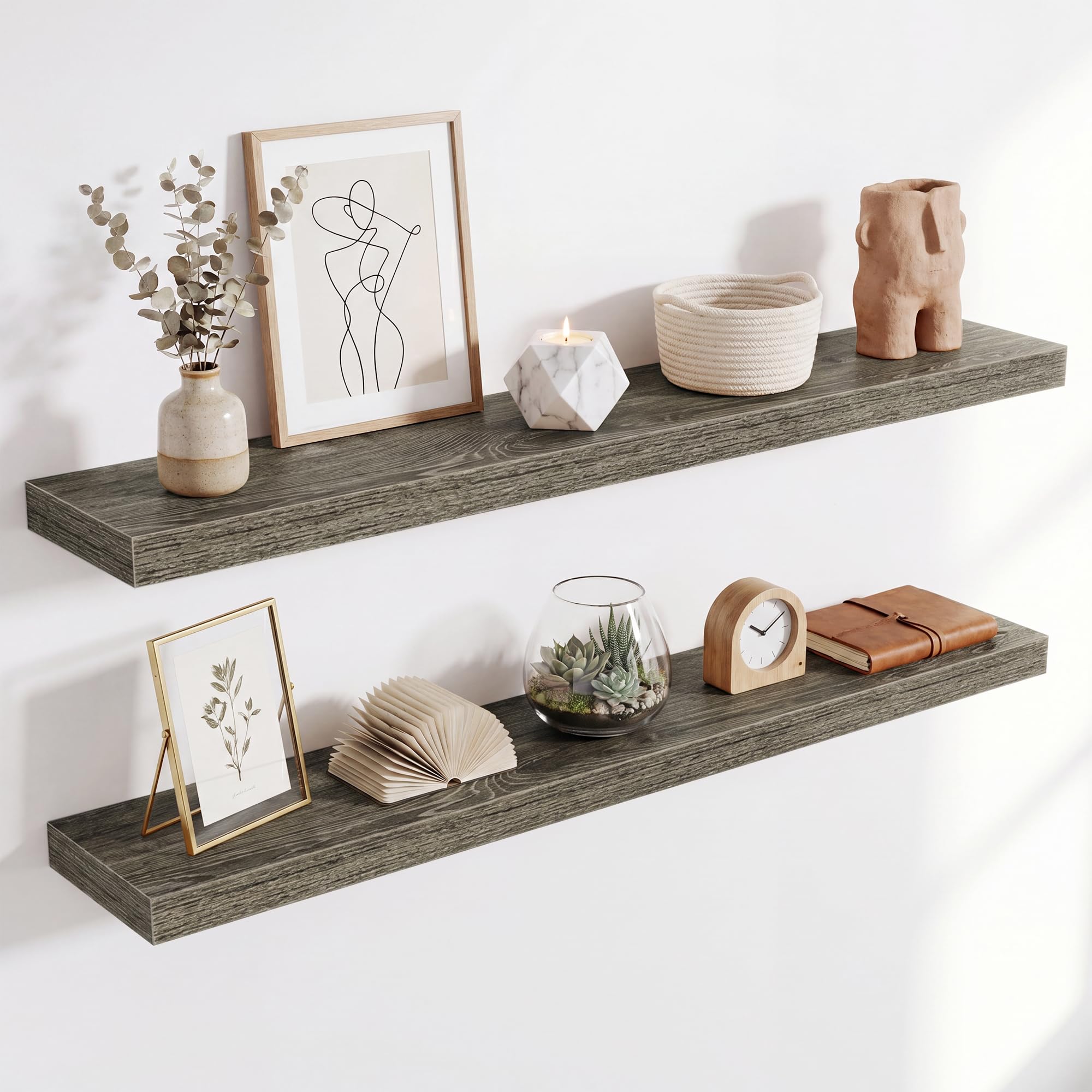 Acovy Floating Shelves for Wall, Extra Thick 100cm Long Wooden Wall Mounted Shelf, Wall Shelves for Living Room Bathroom Bedroom Kitchen, Oak Grey, Set of 2