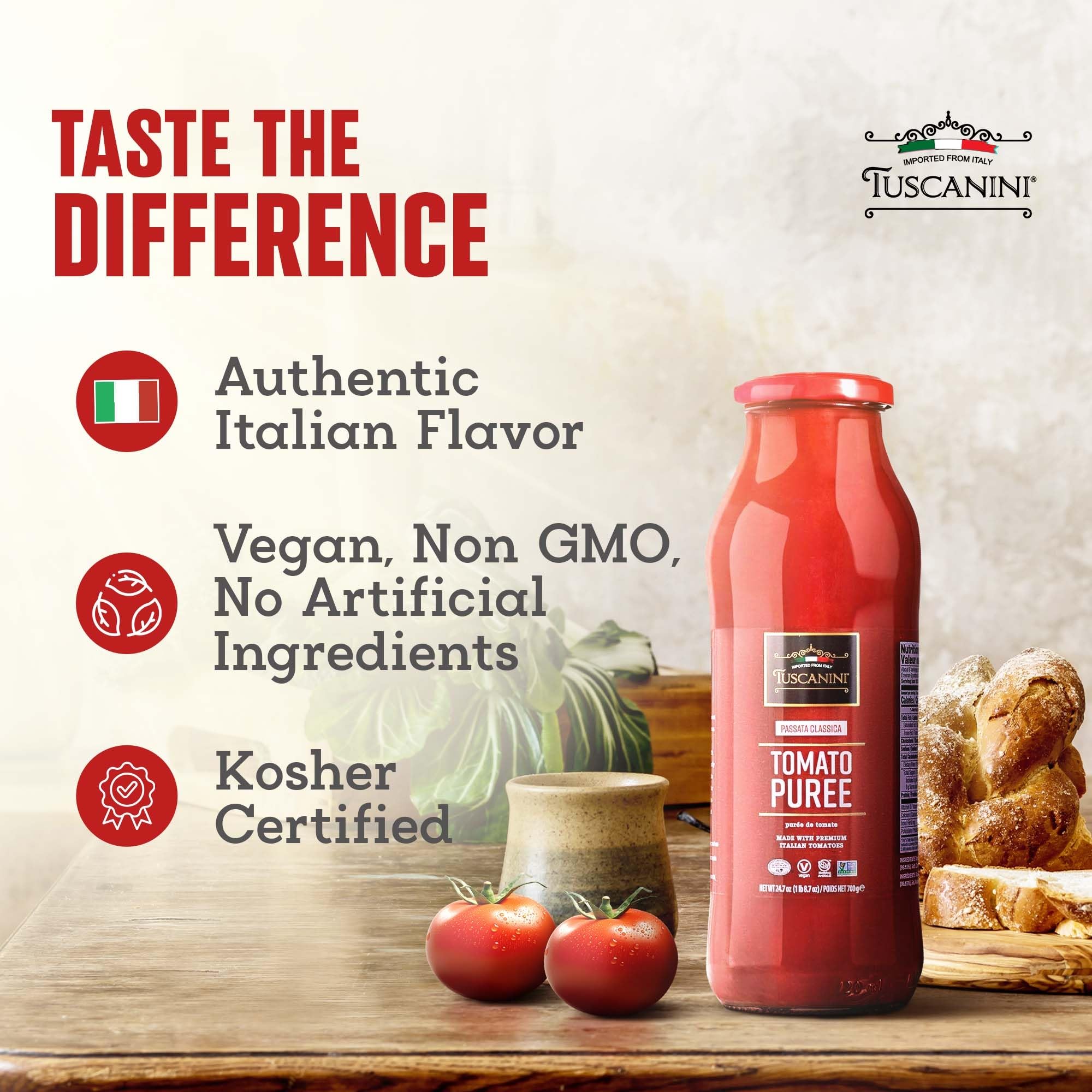 Tuscanini Italian Tomato Puree, Premium Italian Passata, 24.7oz (2 Pack) | Resealable, Product of Italy