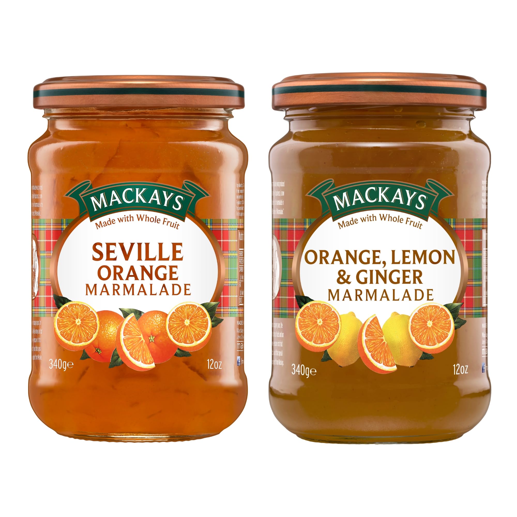 Mackays Seville Orange Marmalade & Orange Lemon & Ginger Marmalade Jam 340gm (Pack of 2) | Imported from Scotland | Made with Whole Fruits | Vegan | Gluten-Free | No Artificial Colors or Preservatives