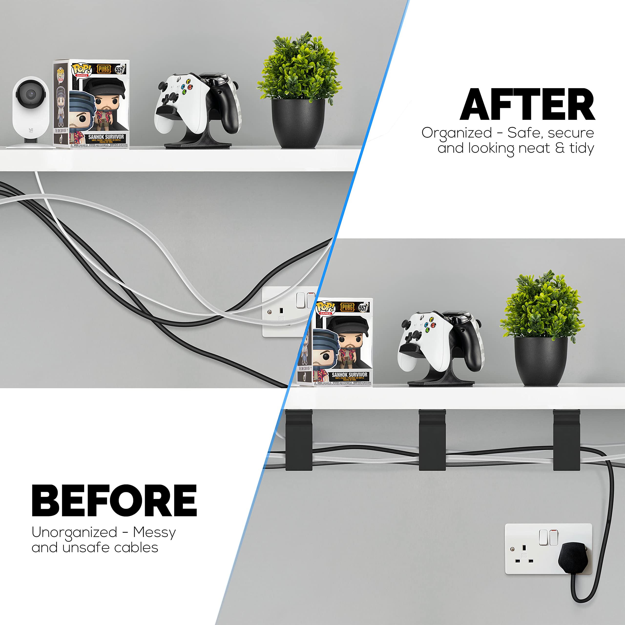 3pc VHB Cable Organizer Holder, for Heavy Cables, PC Cords & Wires with Strong Adhesive, Under Desk Mount Management System - Large (Black) 3