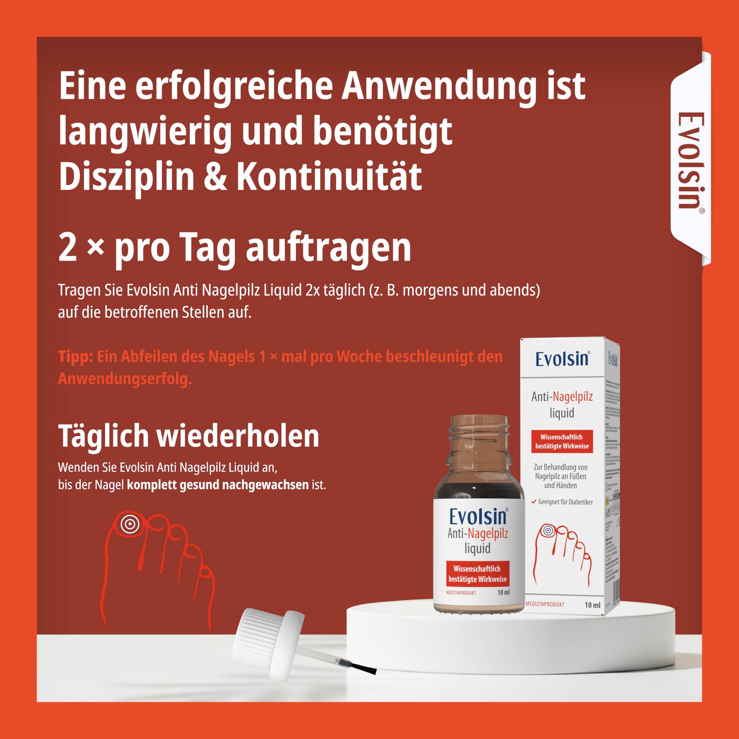 Evolsin® Anti Nagelpilz Liquid Doppelpack - Wissenschaftlich bestätigte Wirkweise I Geeignet für Diabetiker I Medizinprodukt I Nagelpilz Nagellack für Füsse und Hände I Nagelhärter (2x10ml)