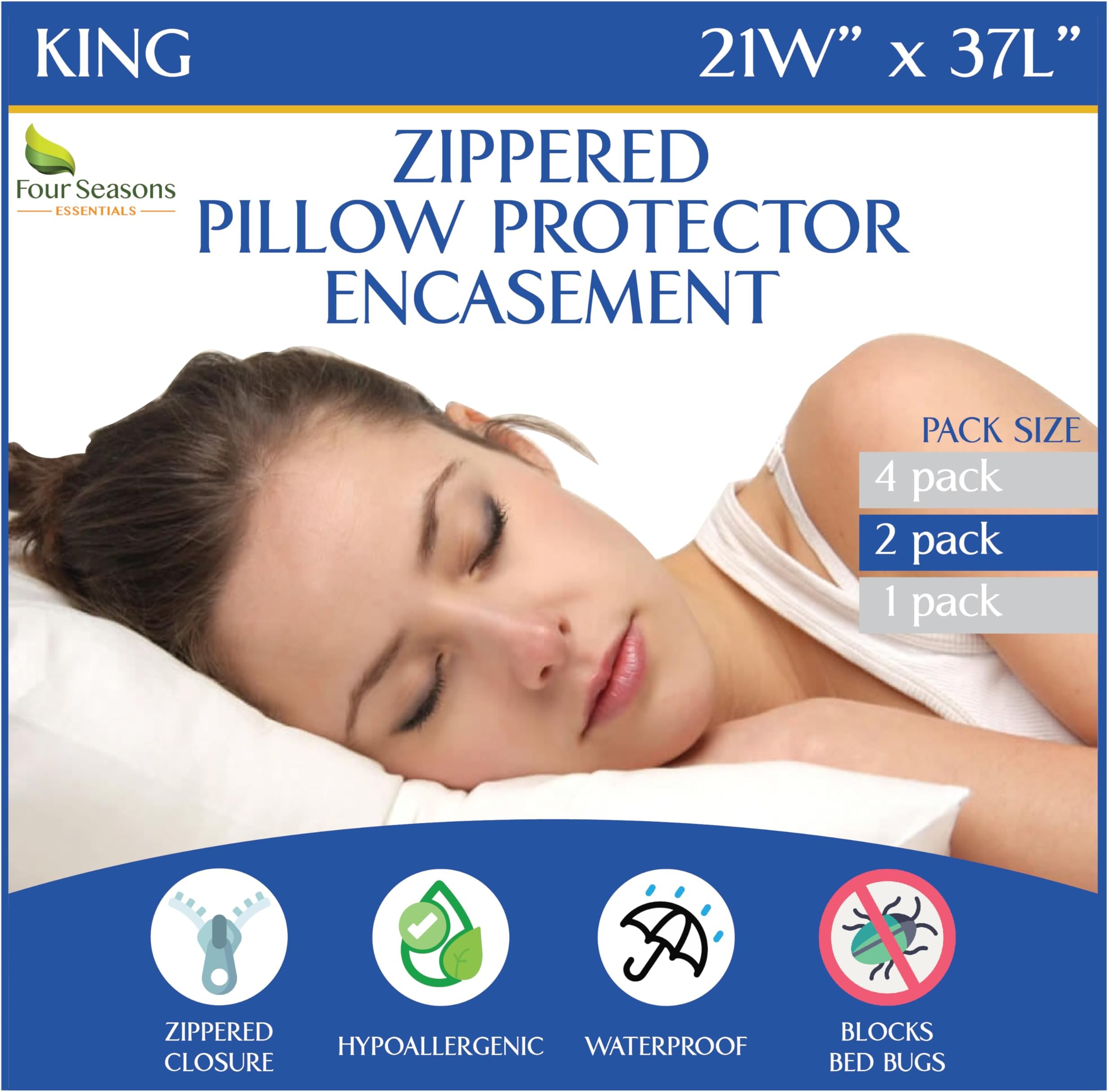 Four Seasons Essentials Waterproof King Pillow Protectors (Set of 2) – Zippered Pillow Cover Hypoallergenic Dust Allergy Proof Pillowcase Encasement