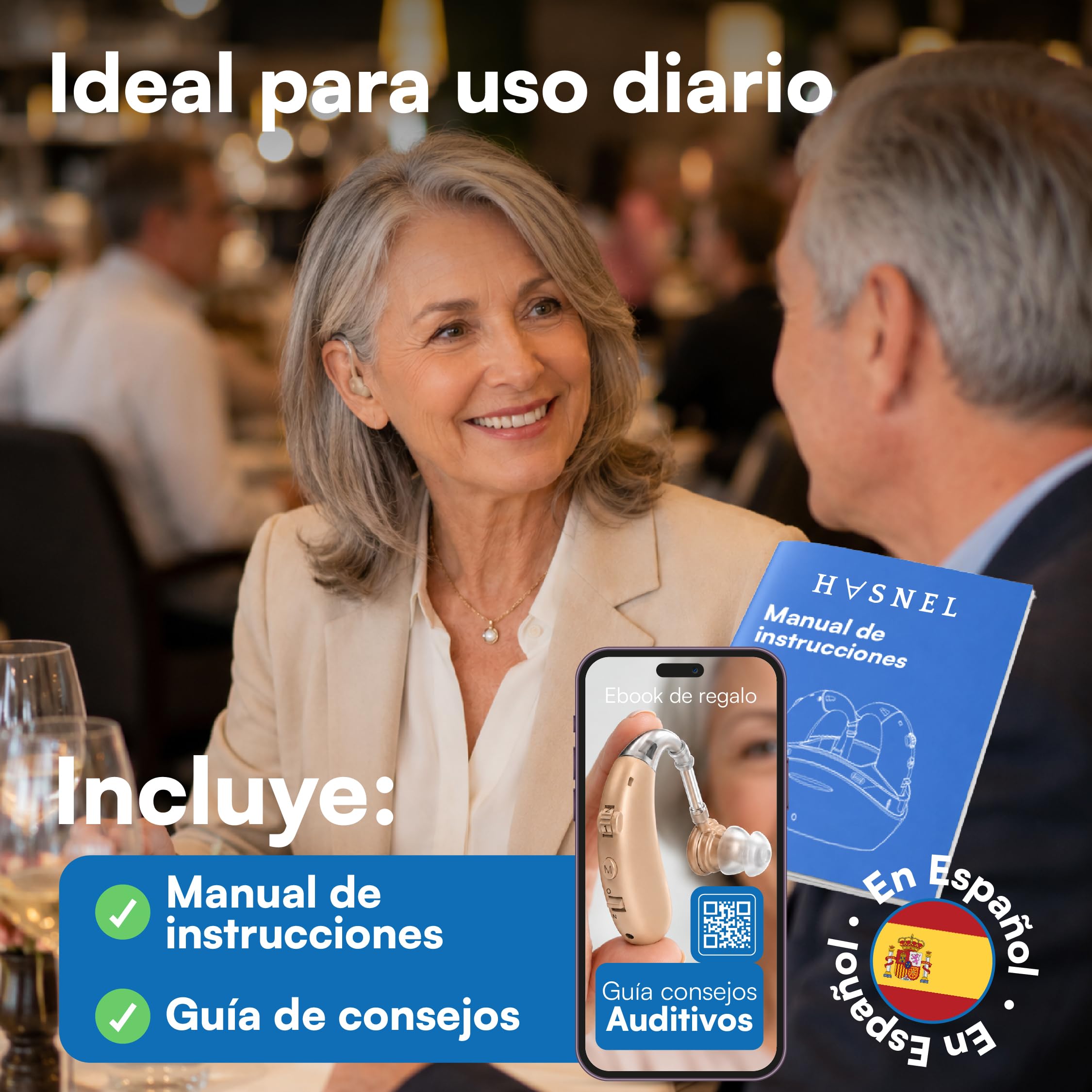 Amplificador de Sonido Recargable, Amplificador Auditivo BTE, Estuche Portátil Carga Rápida, 2 Unidades Intercambiables Válidas para Ambas Orejas, Manual en Español, Larga Duración 60 Horas