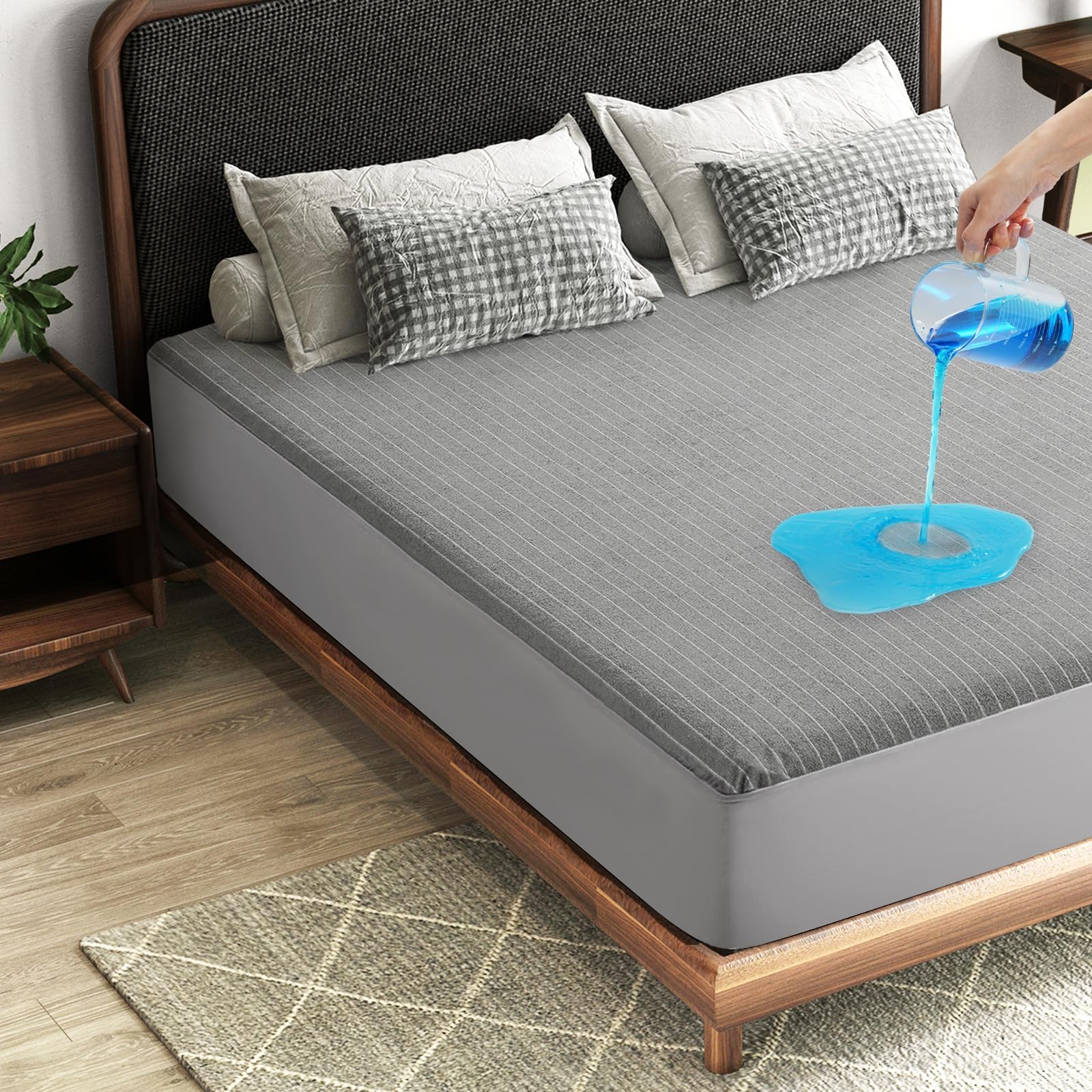 TASTELIFE Twin Mattress Protector Waterproof, Stretch to 18" Fitted Deep Pocket Mattress Protection Cover Vinyl-Free Washable, Breathable & Noiseless (Twin, Gray Stripe)