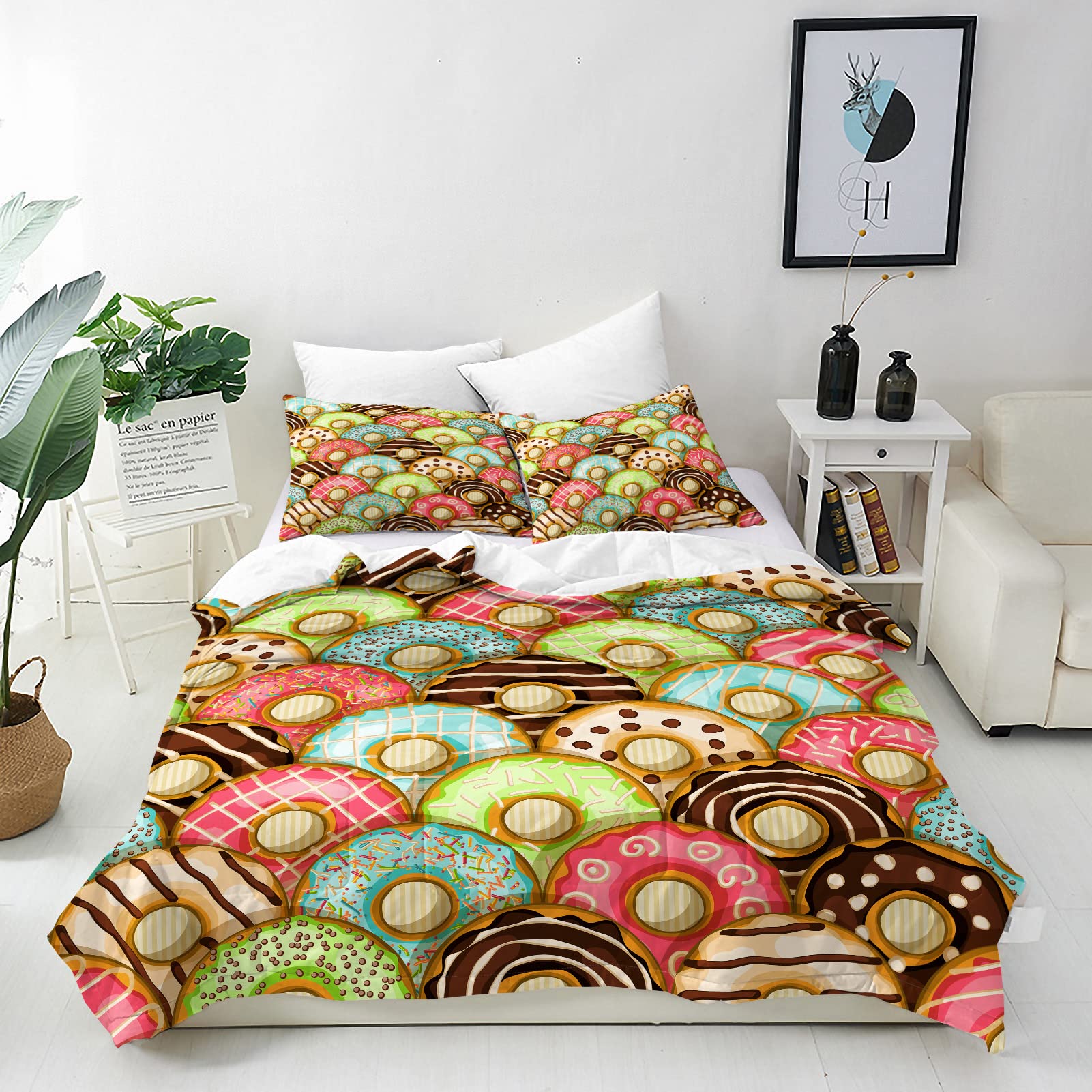 ANHOPE Donut Duvet Cover Set Soft Comforter Cover Delicious Food Print Pattern 3 Piece Bedding Set with Pillowcase All Season Decorative Quilt Cover with Zipper for Kids Adults King Size — image 1