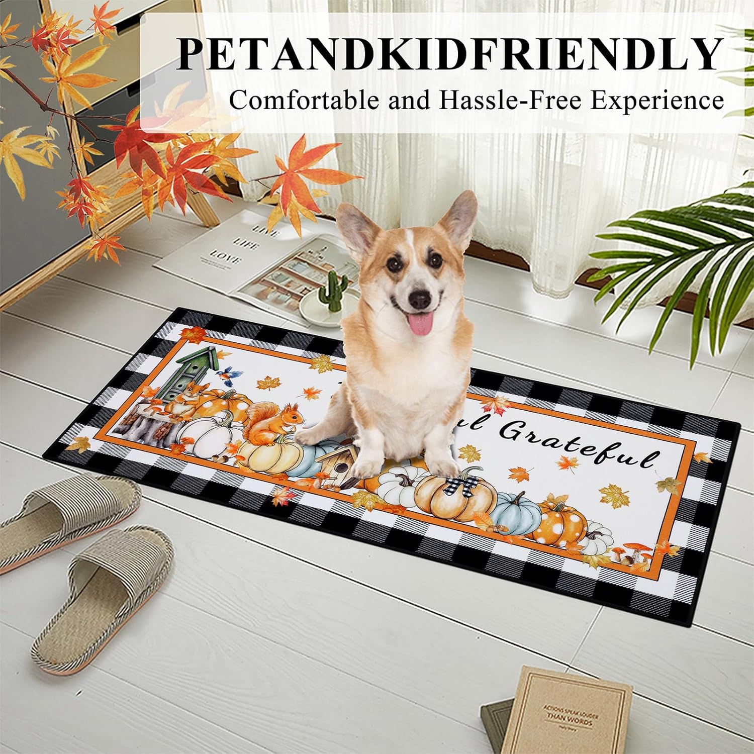 ileading fall kitchen rugs set - 3 piece mats with non slip backing, washable runner for sink, laundry, hallway & indoor decoration (plaid pumpkins)