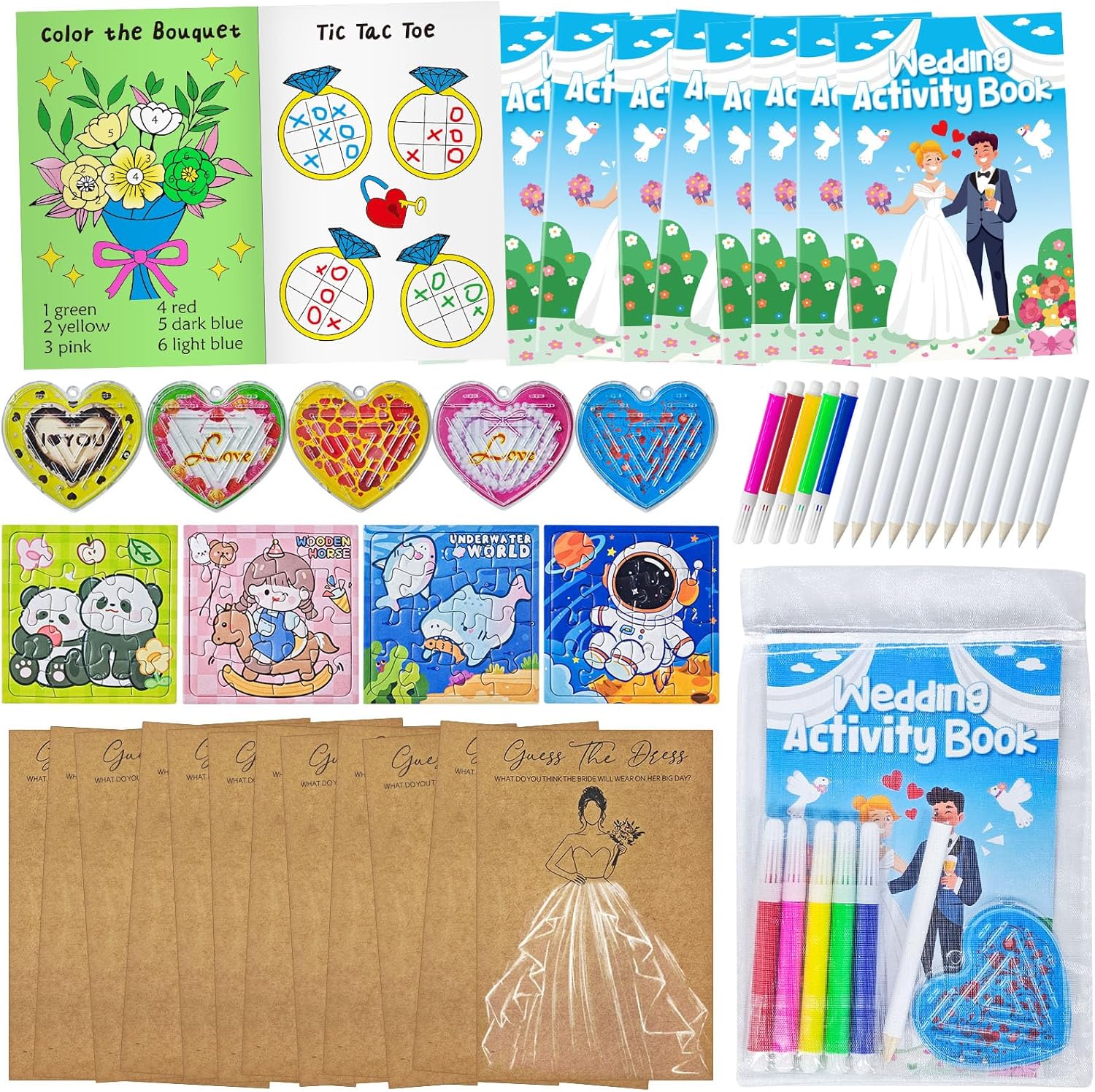 Cinrobiye Wedding Coloring Books Activity Set for Boys Girls Guess the Dress Cards Wedding Party Supplies Favors Goodie Bag Fillers Table Games Reception Activities Ideas