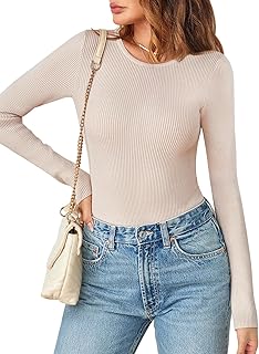 Women's Long Sleeve Ribbed Bodysuits Crew Neck Slim Body Suits 2025 Knit Sweater Tops
