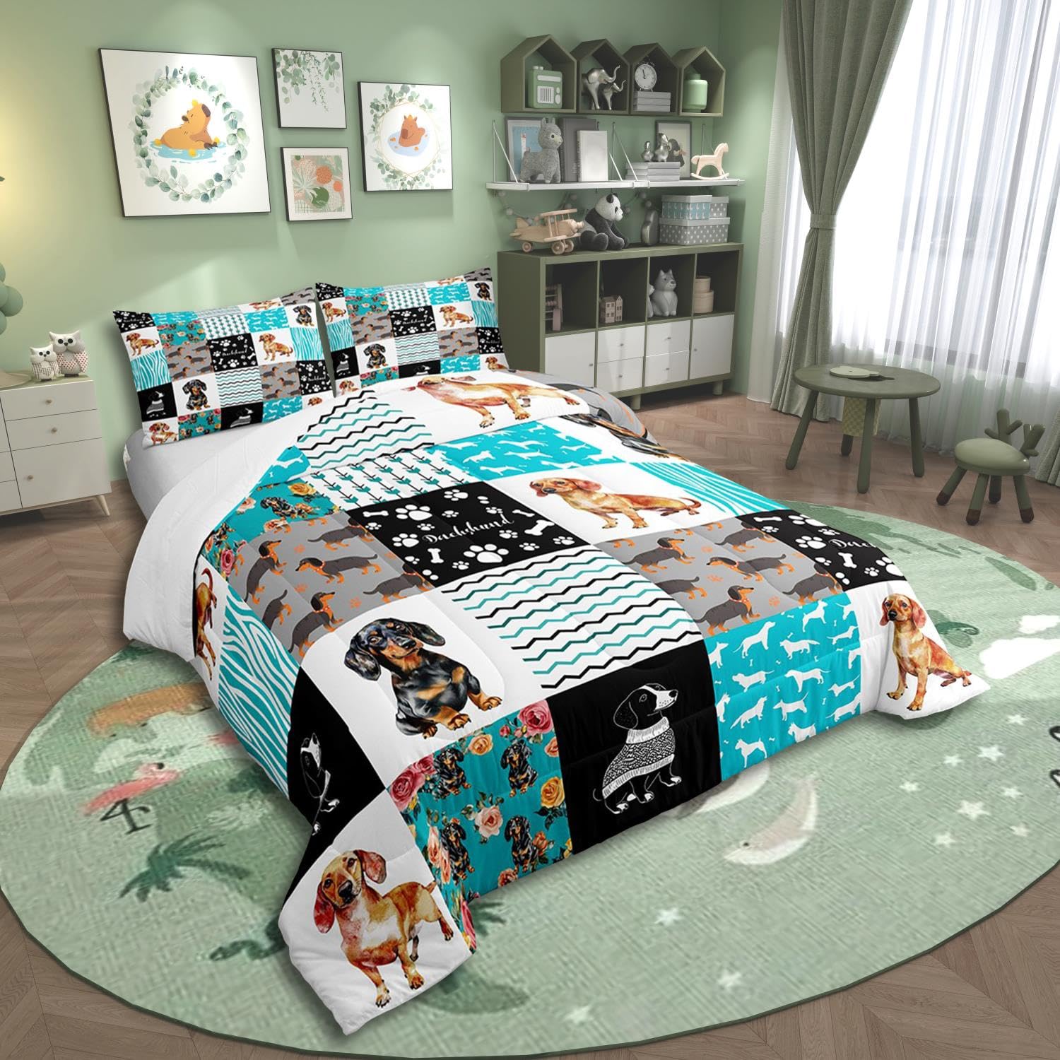Cute Dachshund Comforter Set for Kids Boys Girls,Lovely Puppy Pet Bedding Queen Size,Kawaii Dog Paw Quilt for Dog Lover,Farmhouse Flower Animal Duvet Insert with 2 Pillowcases Home Room Decor