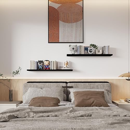 Miniatura 5 de SAUMONIERES Estantes flotantes de pared para dormitorio, baño, montados en la pared, madera maciza de 36 pulgadas de largo, juego de 2, estantes