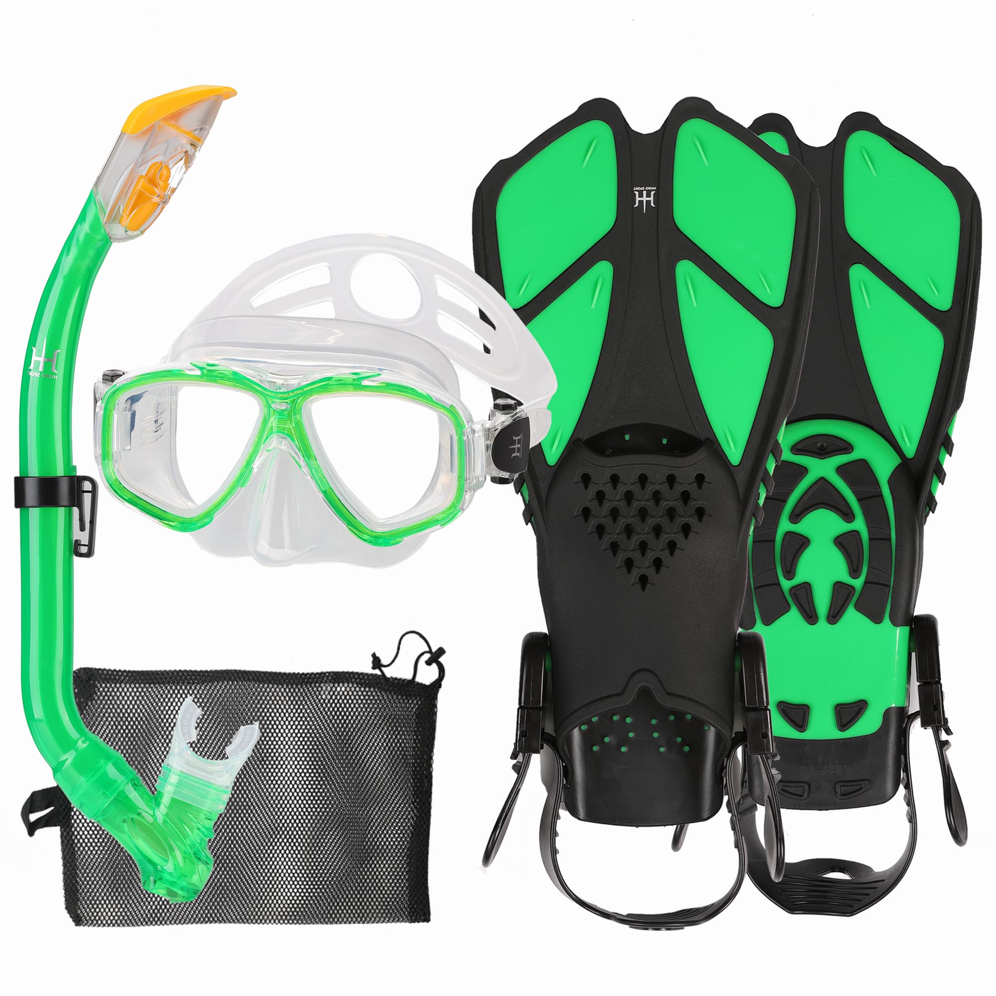 HH HHAO SPORT Schnorchelset Kinder mit Flossen, 180° Panorama Weitblick Taucherbrille Kinder, Verstellbaren Schwimmflossen, Hochwertige Tauchermaske und Dry Top Schnorchel