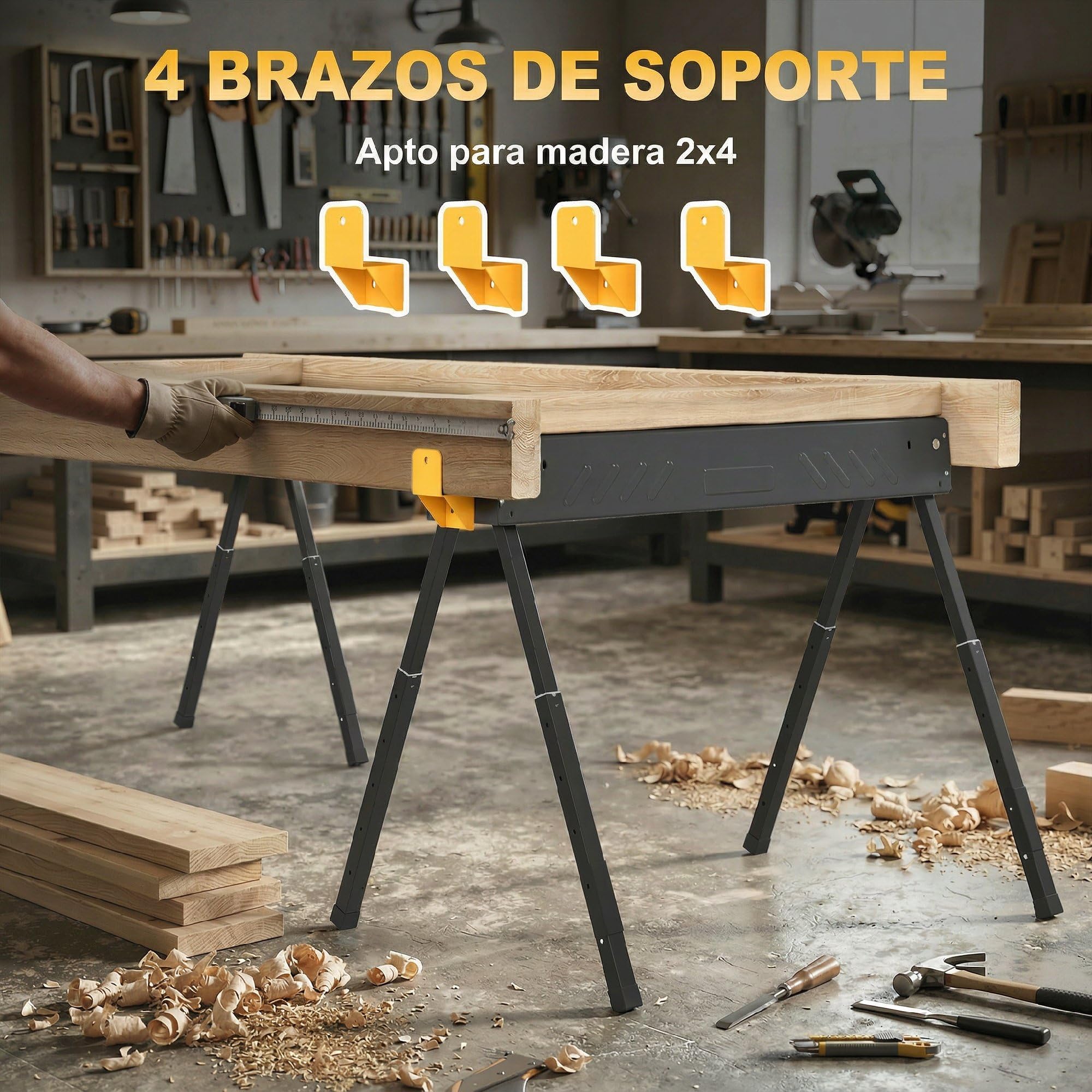 HOMCOM Set de 2 Caballetes para Sierra Plegables, Banco de Trabajo, Altura Ajustable, para Madera 2x4, con Asa, Ganchos, Base Antideslizante, para Carpintería y Bricolaje, Soporta hasta 500 kg, Negro