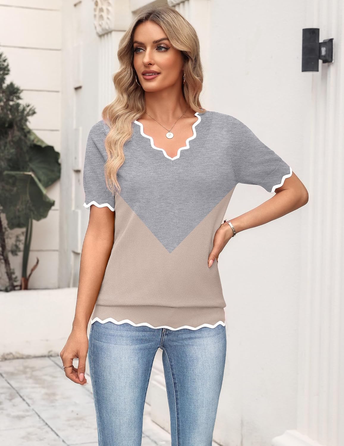 Zeagoo Women's Short Sleeve Sweater 2026 Spring Summer V Neck Lightweight Tops Dressy Blouses Business Casual Outfits - Image 4