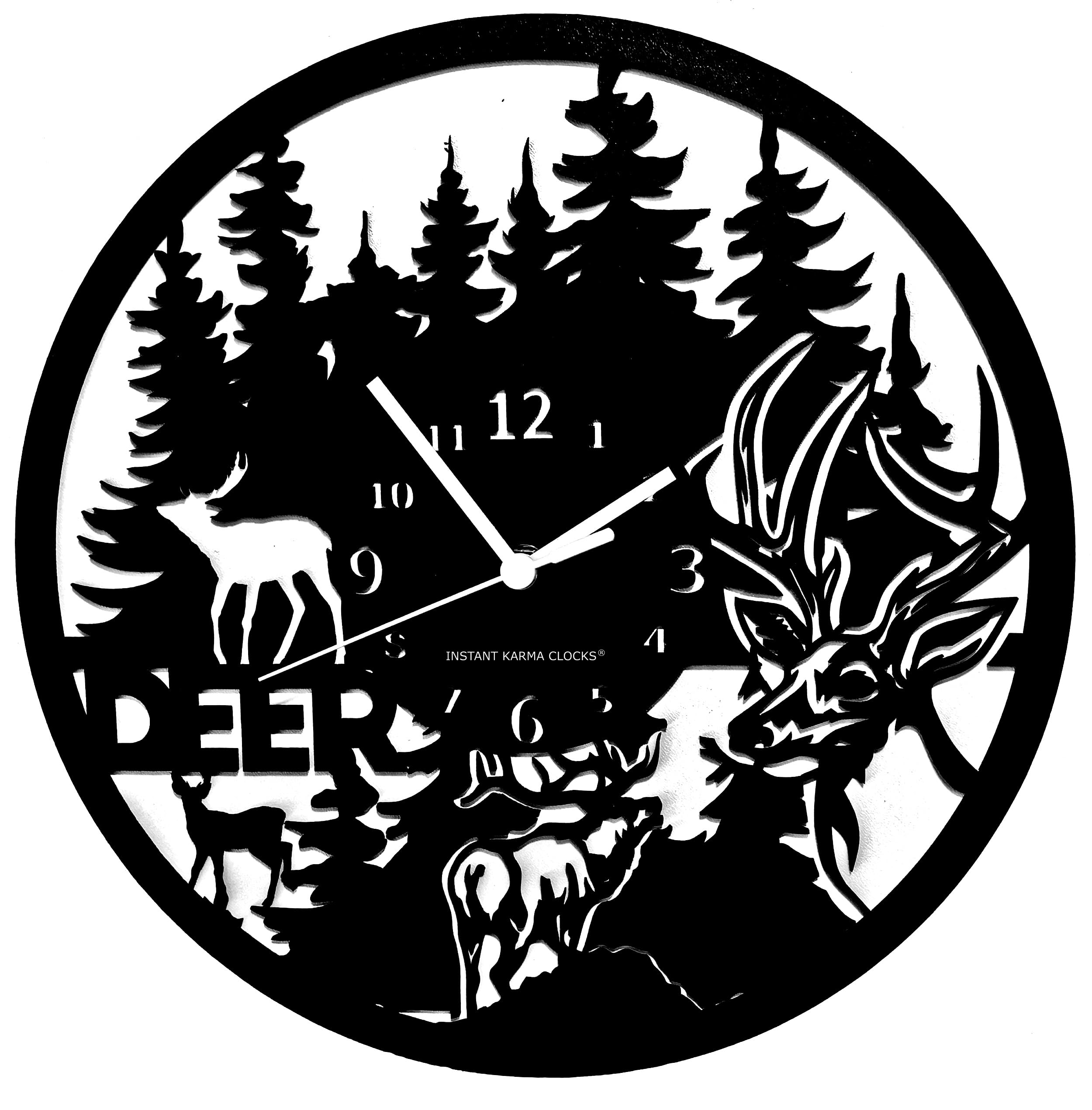 Instant Karma Clocks | Deer Wall Clock with Forest and Stag Silhouette | Silent No-Ticking | Perfect for Bedroom, Office, Studio, Cabin, Living Room | Unique Decoration