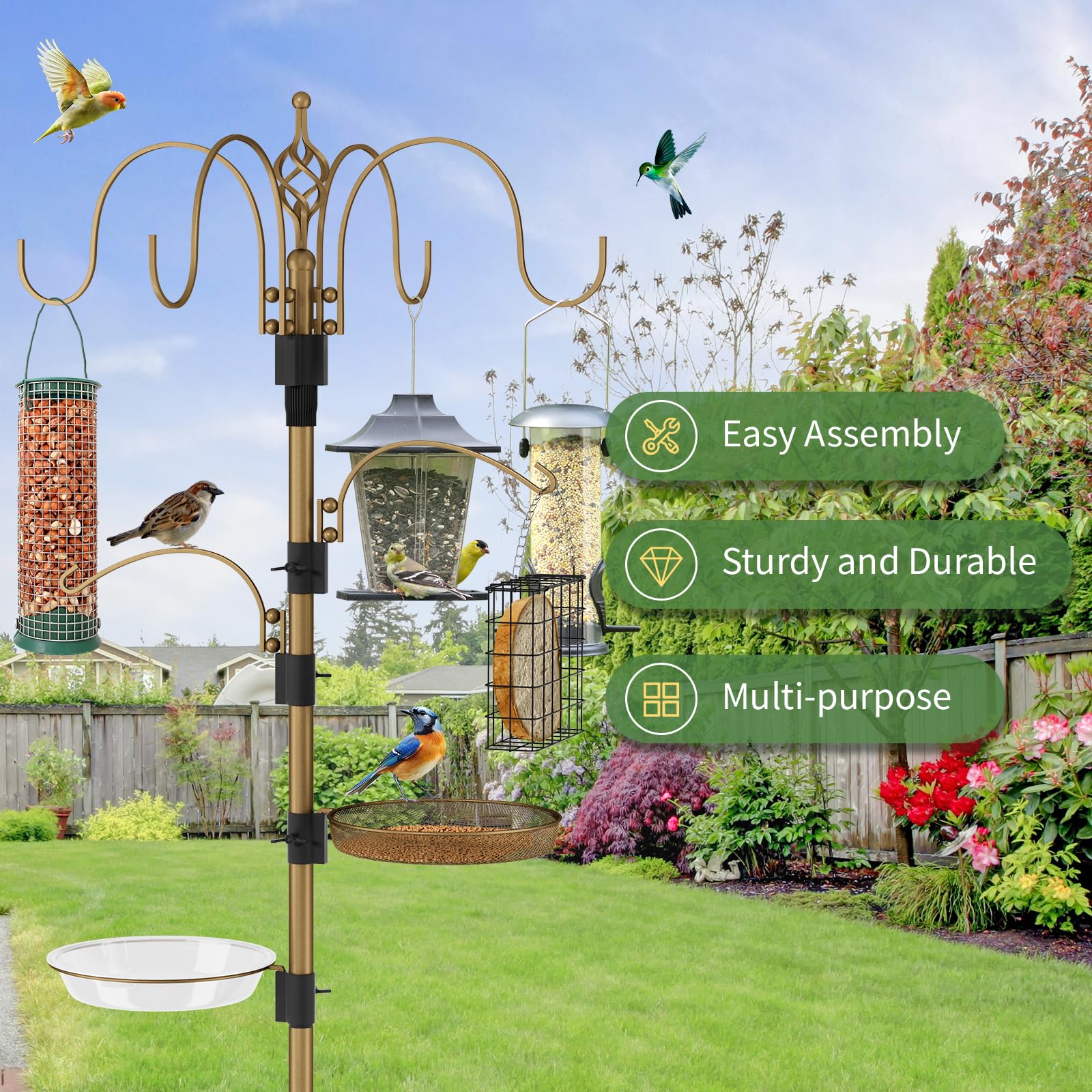 Mangiatoia per uccelli con mangiatoia multipla da appendere, palo per mangiatoia per uccelli a 4 ganci con base a 5 rebbi, mangiatoia in metallo, vassoio in rete per attirare uccelli selvatici