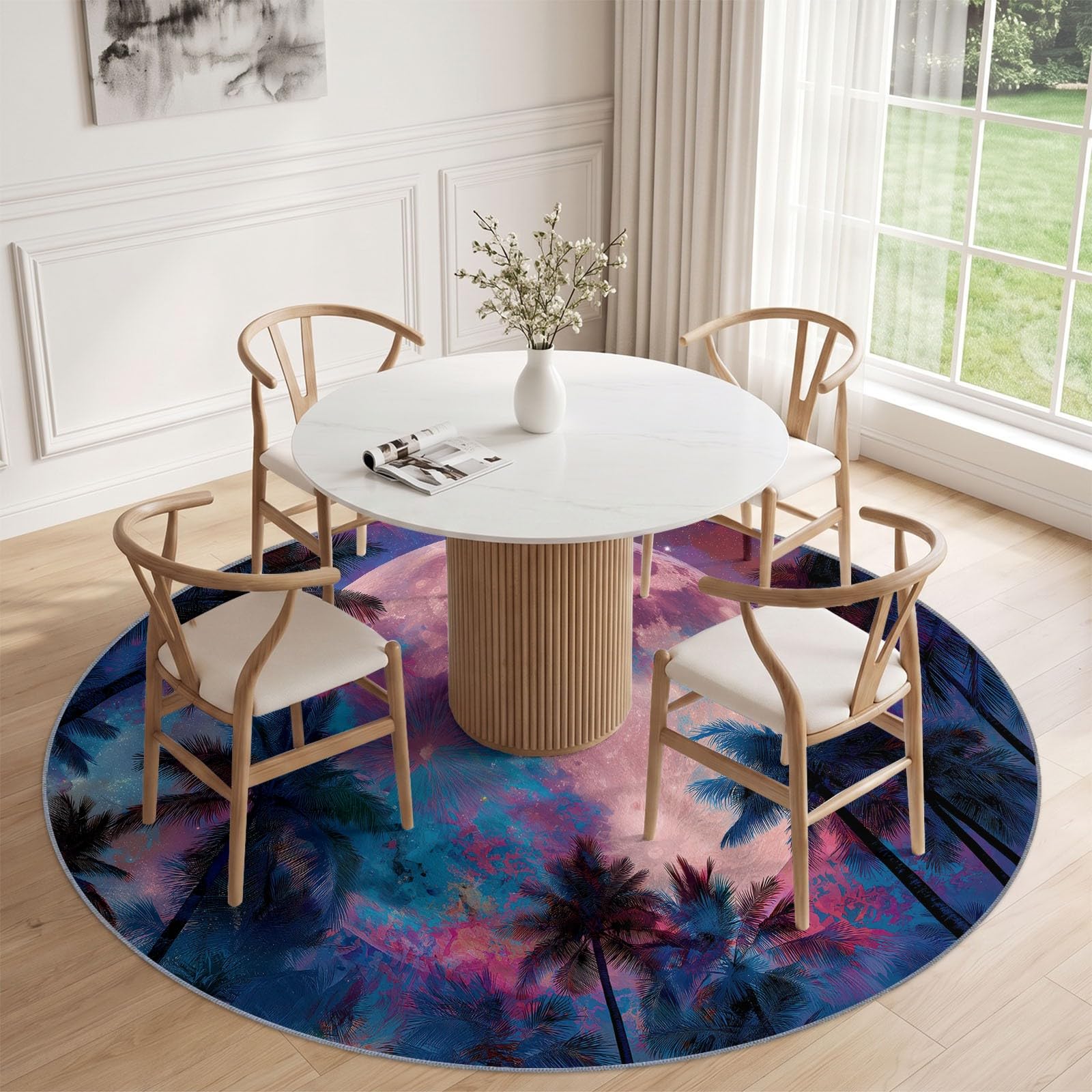 Tapis Rond 150 cm, Tapis Psychédélique Lune Étoiles Arbres Lavable en Machine pour Salon - Cercle antidérapant - Multicolore imprimé pour Salle à Manger Chambre d’Enfant nurserie