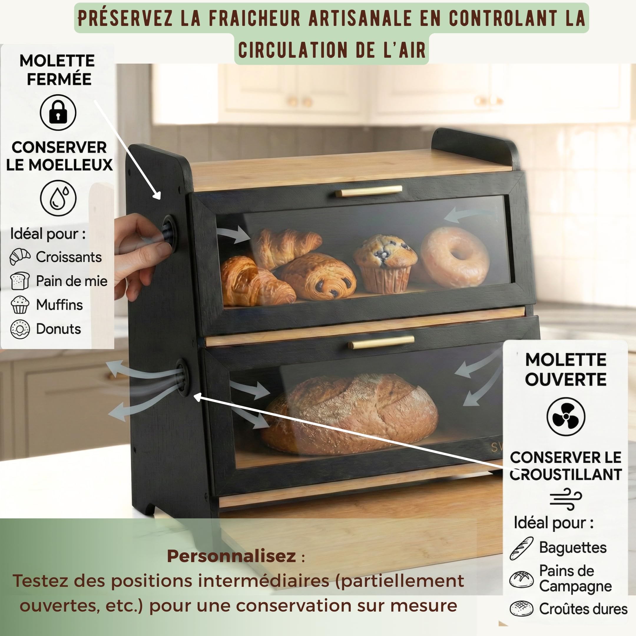 SWAYN Boîte à pain en Bambou Certifié FSC — Huche à Pain 2 étages, Ventilation Ajustable pour Prolonger la Fraîcheur, Planche Intégrée, Rangement Optimisé pour Conservation Pain (noir) - 4