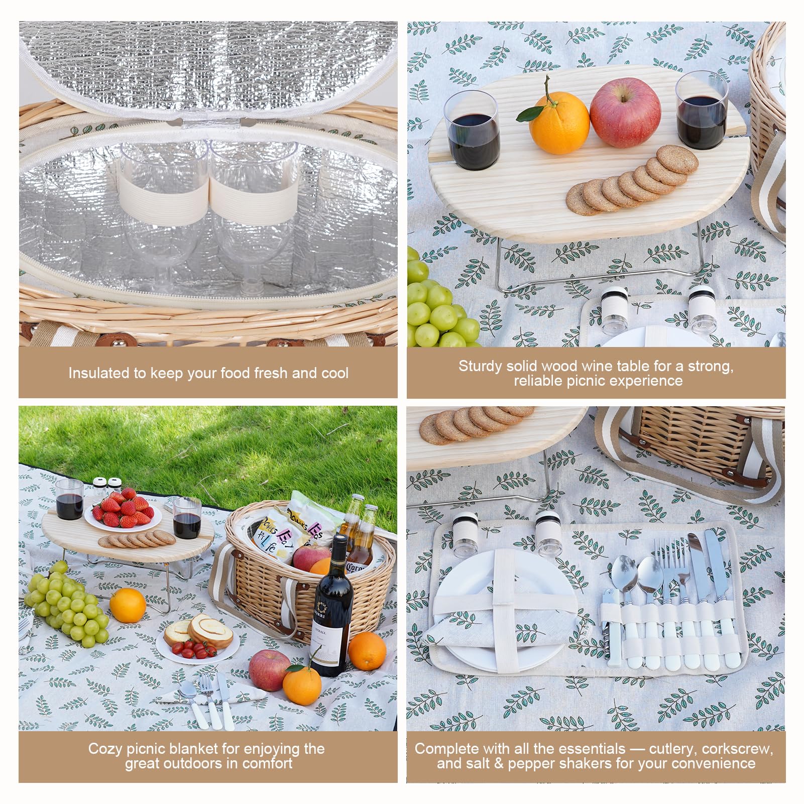 Juego de cesta de picnic para 2 - Cesta de picnic aislada de mimbre con manta impermeable, mesa de picnic plegable para vino y juegos de cubiertos, juego de cestas de picnic para acampar, al