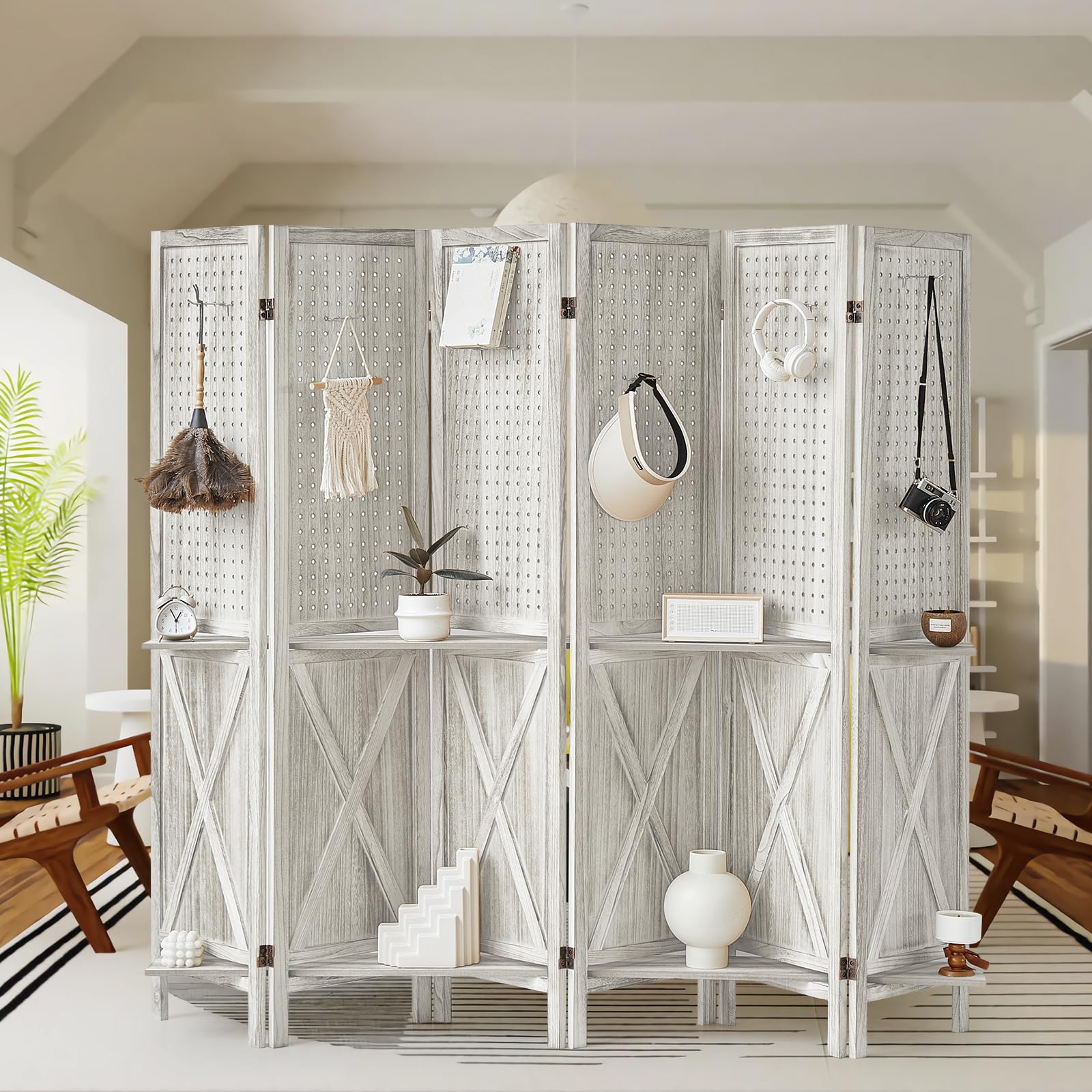 Aletheiawu 6 Panel Room Divider with Shelves, Wooden Pegboard Room Dividers, 5.6Ft Room Partitions and Dividers, Room Divider Panel with 24 Hooks for