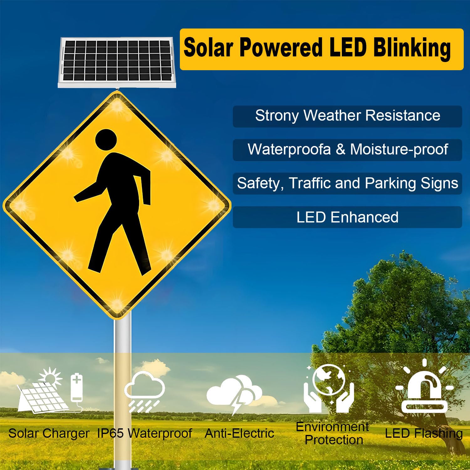 Letrero solar LED intermitente para peatones – Cartel de paso de peatones resistente al óxido de 24 pulgadas para seguridad vial urbana y suburbana – Juego de 2 piezas