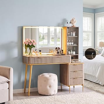 RedLemon 48" Fluted Makeup Vanity Desk with 36" HD Lighted Mirror, Modern Wood Vanity Table with Glass Top, 5 Drawers, Adjustable Shelves, Charging Station, Metal Legs for Bedroom,Alder Grey