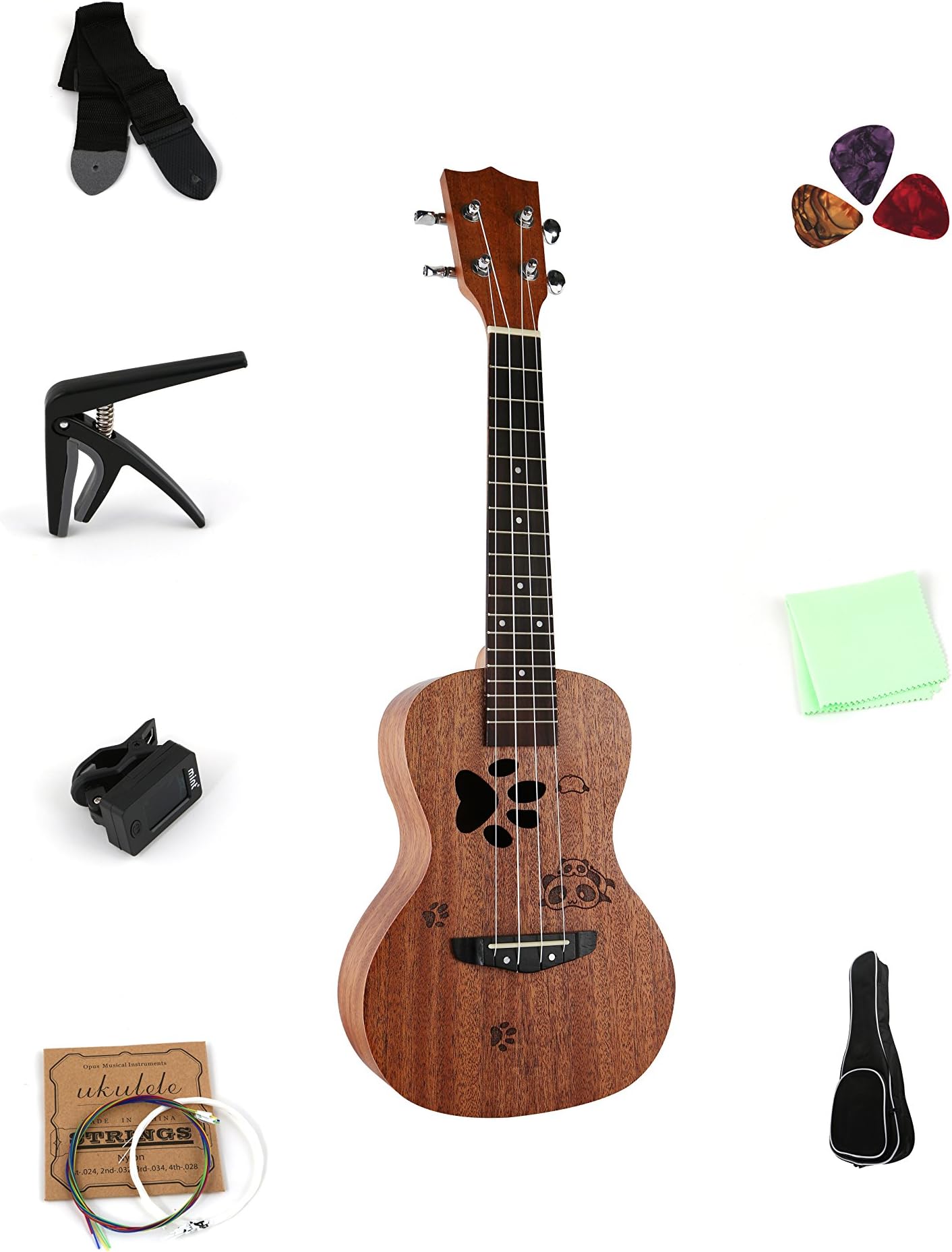 3 Inch Mahogany Concert Ukulele Panda Design Pack With Multi-Function Tuner,Thickness Carry Bag,Capo(For Ukulele And Guitar),Aquila Backup Stings,3 Picks,Wipe Cloth