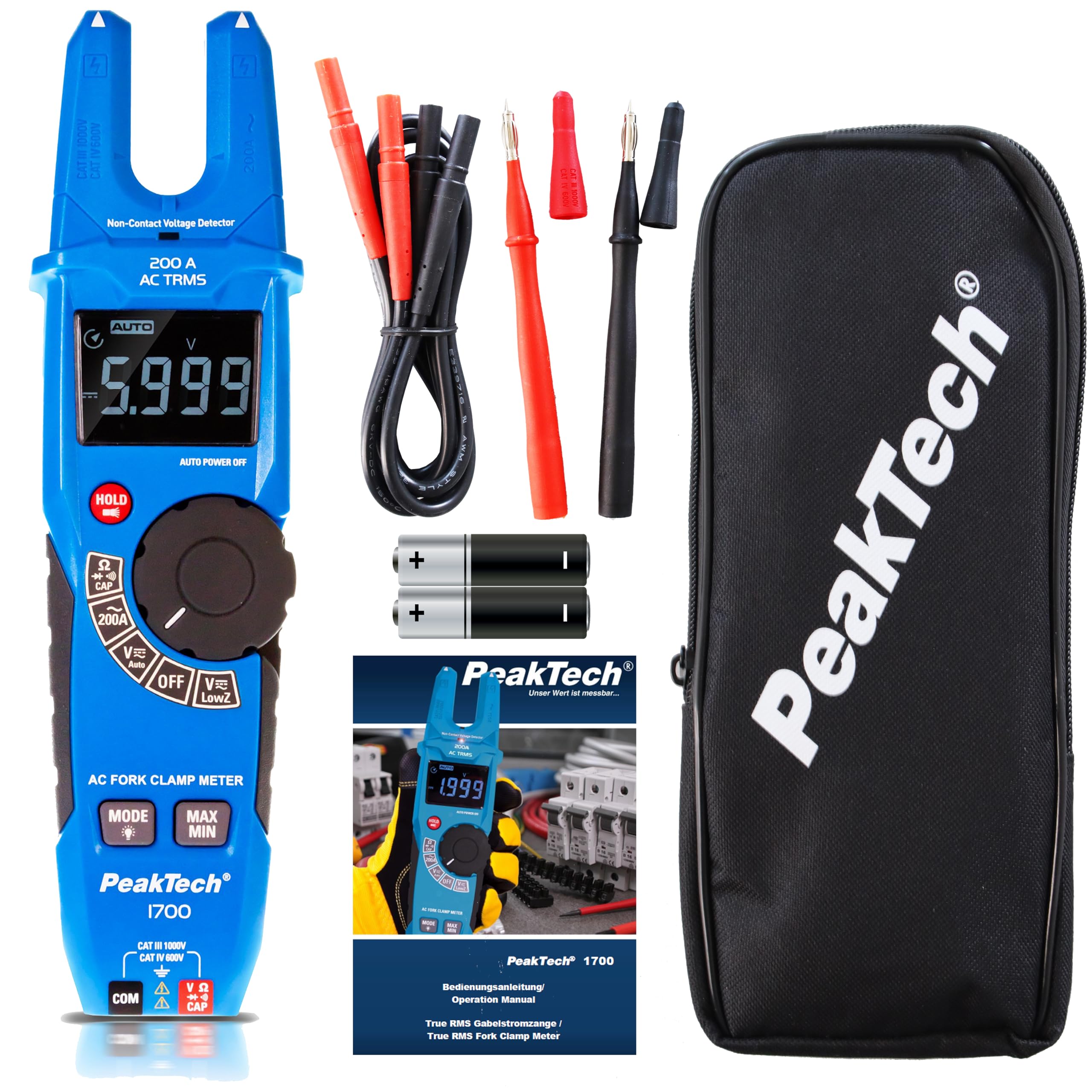 PeakTech P1700, Pinza amperometrica a vero valore efficace 200 A CA, Amperometro a pinza con display LCD, Pinza amperometrica aperta con rilevatore di tensione, voltmetro senza contatto