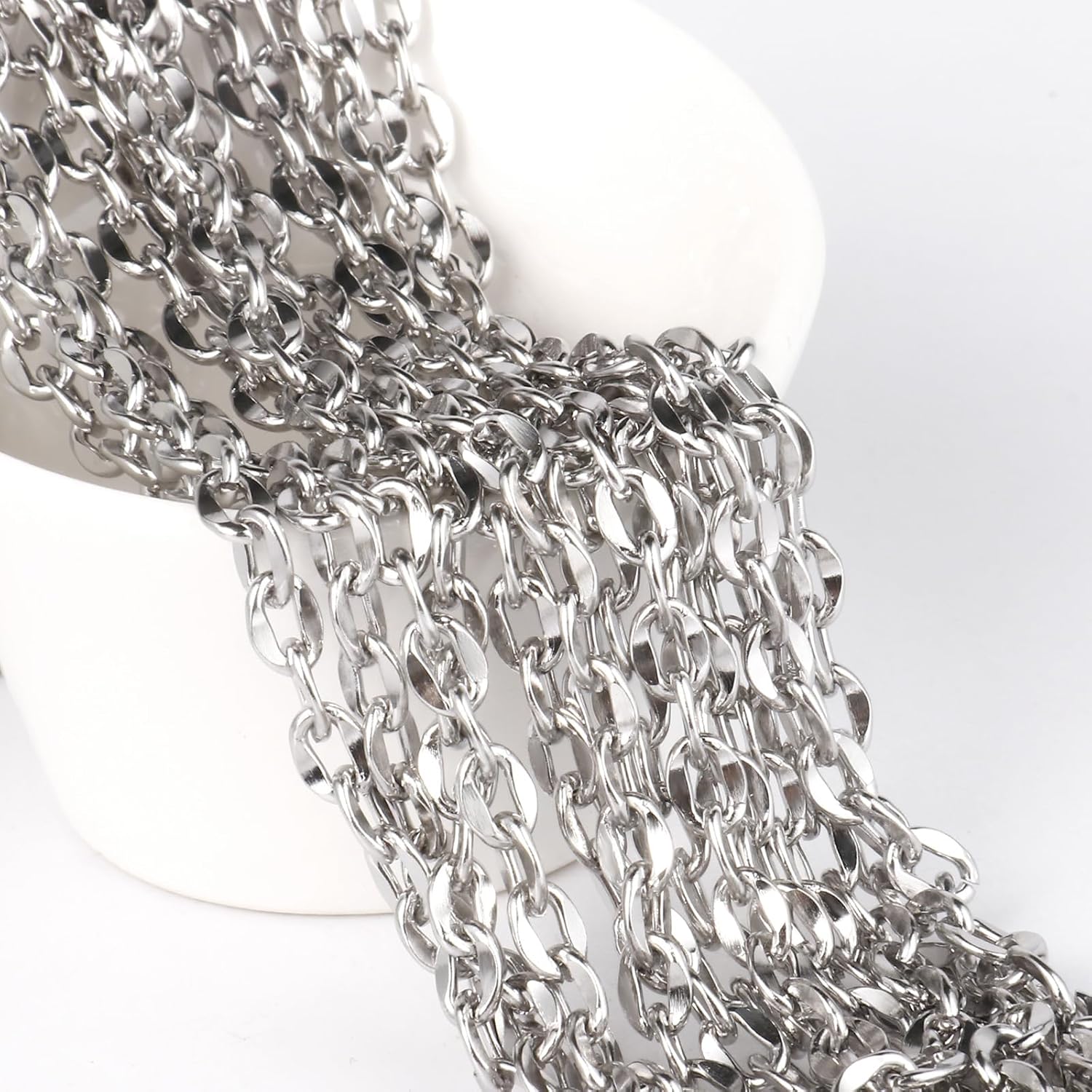 33 FT Stainless Steel Flat Cable Chains Roll, 4.5mm Width 304 Stainless Steel Oval Cable Link Chain Bulk Spool for Jewelry Making DIY Craft