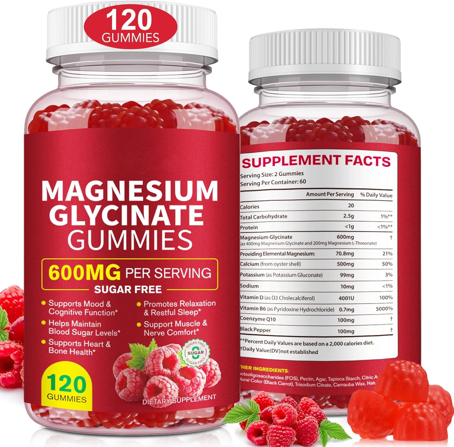 Magnesium Glycinate Gummies (Raspberry) 600mg, Sugar Free with Magnesium L-Threonate, Calcium, Potassium, Vitamin D3, B6 & CoQ10, High Absorption Support for Relaxation,Muscles & Energy, 120 Count