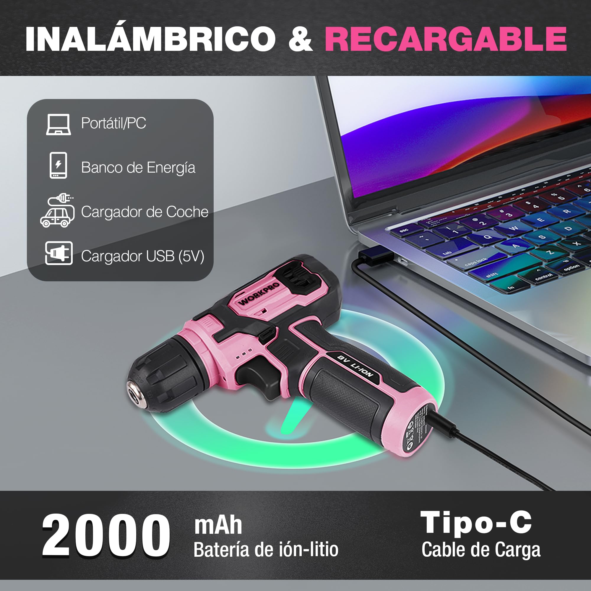 WORKPRO Atornillador Eléctrico 8V con 21 Accesorios, Rosa