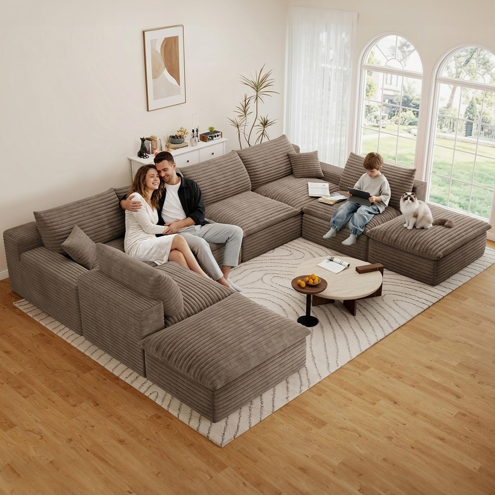 136" Cloud Couch Modular Sectional Sofa for Living Room, U-Shape Boneless Couch with Deep Seat, Modern Corduroy 6-Seater with Ottomans, No Assembly Required, Camel