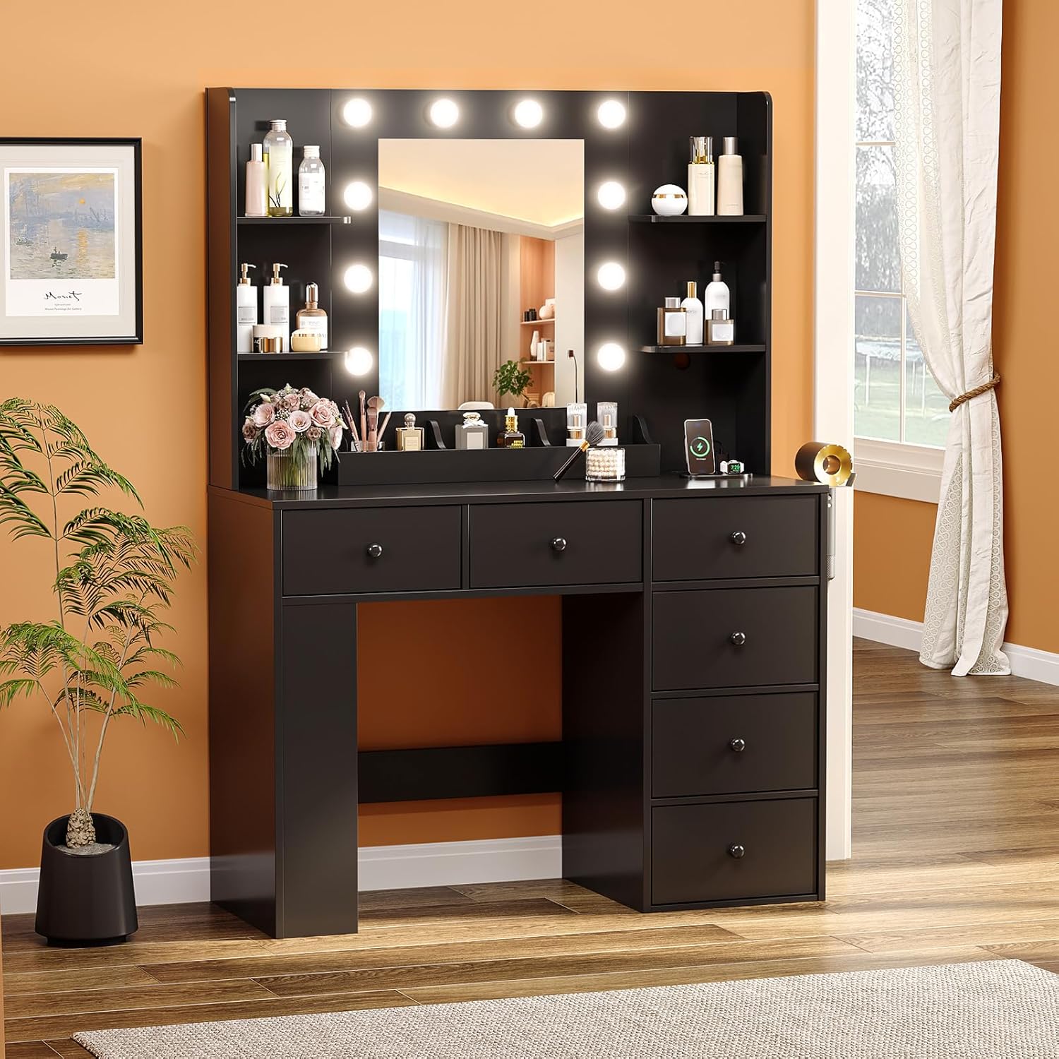 VINGLI Vanity Desk with Mirror and Lights, Makeup Vanity Table w/ 6 Storage Drawers & Shelevs, 58in Black Dressing Table Built in Hollywood Bulbs & Charging Station & Hairdryer Holder, Gifts for Girls
