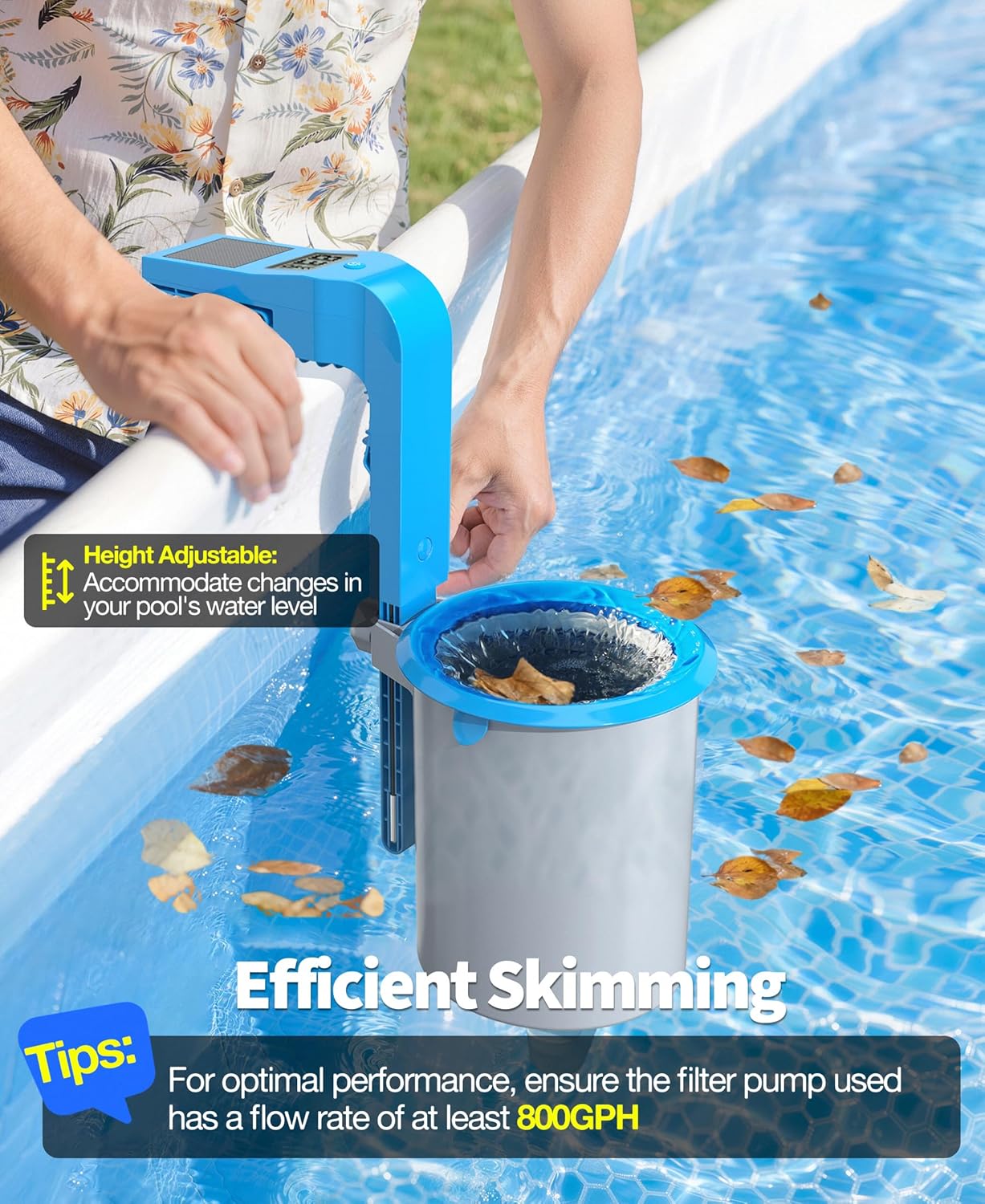DeeprClean Newly Above Ground Pool Skimmer with Solar Digital Thermometer, Wall Mount Surface Skimmer with Adjustable Height Bracket, Auto Skimming for Pool Surface Floating Leaves & Debris - Blue