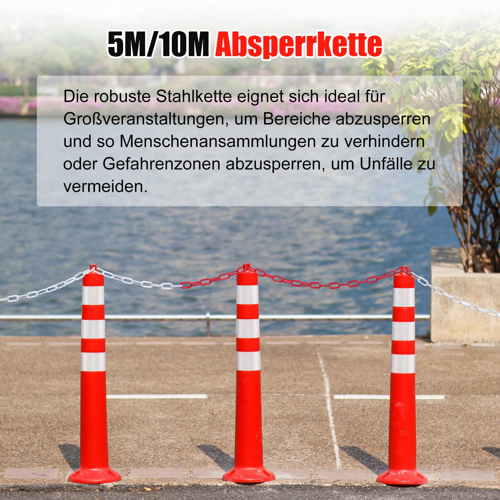 Absperrkette Stahlkette, 15M Rot Weiß Metall Warnkette Stahl Sicherheitskette 5mm Dicke mit Verbindungsschnalle, Gliederkette für Parkplätzen Baustellen Straßen (15 Meter)