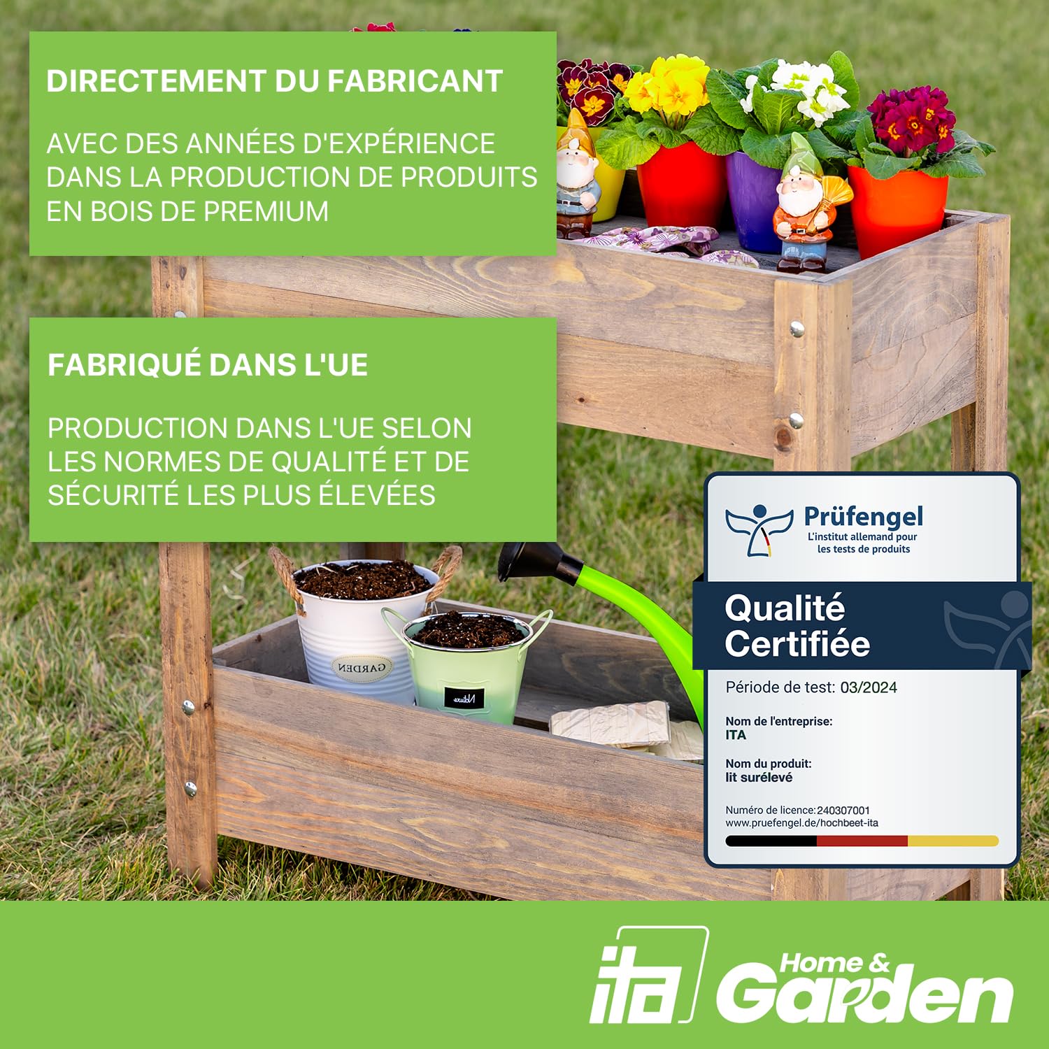 Carré Potager Surélevé ITA | 80x37x78cm - Bois De Pin - Avec Plateau - Gris