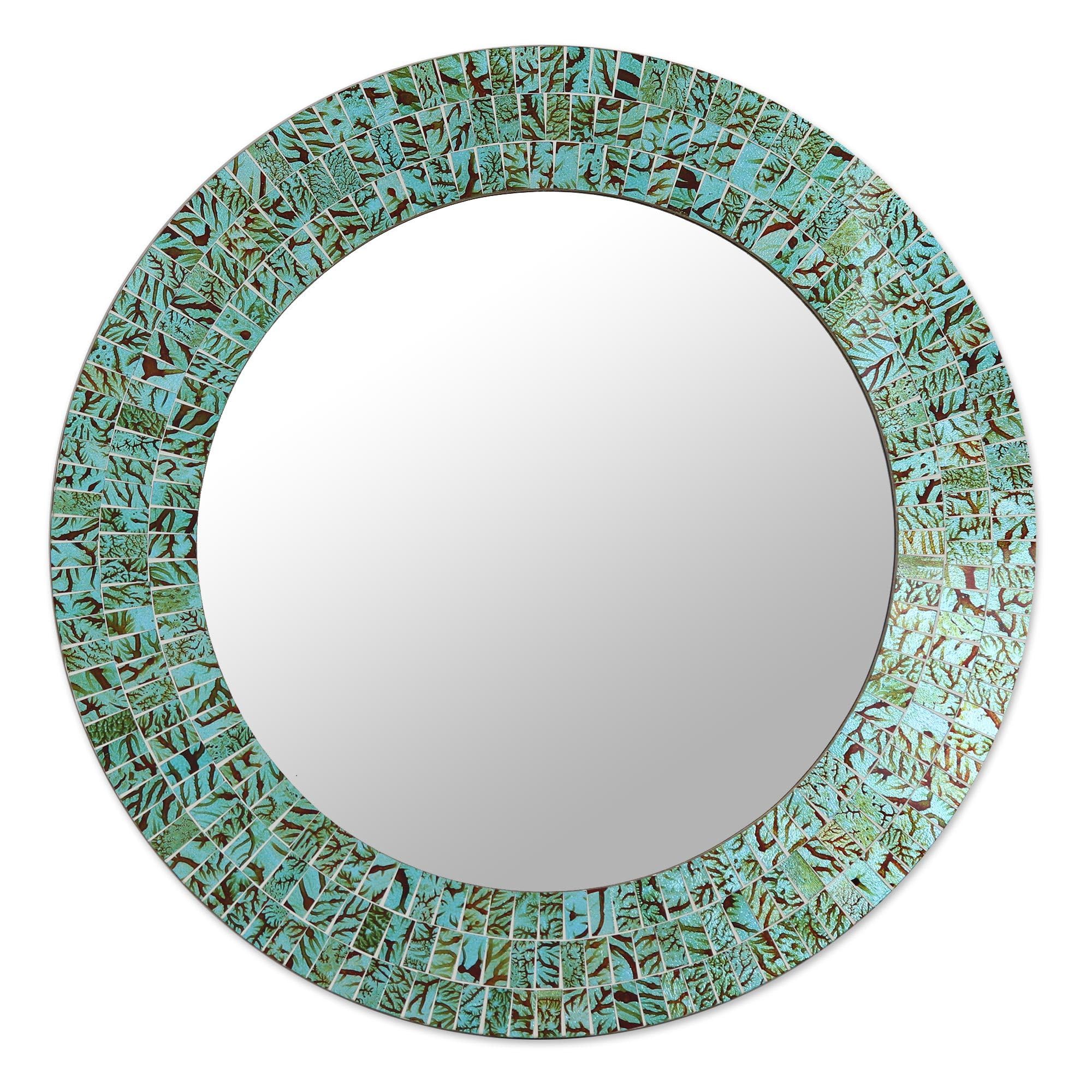 NOVICA Light Green Glass Mosaic Wood Frame Wall Mounted Mirror, 'Turquoise Sunset'
