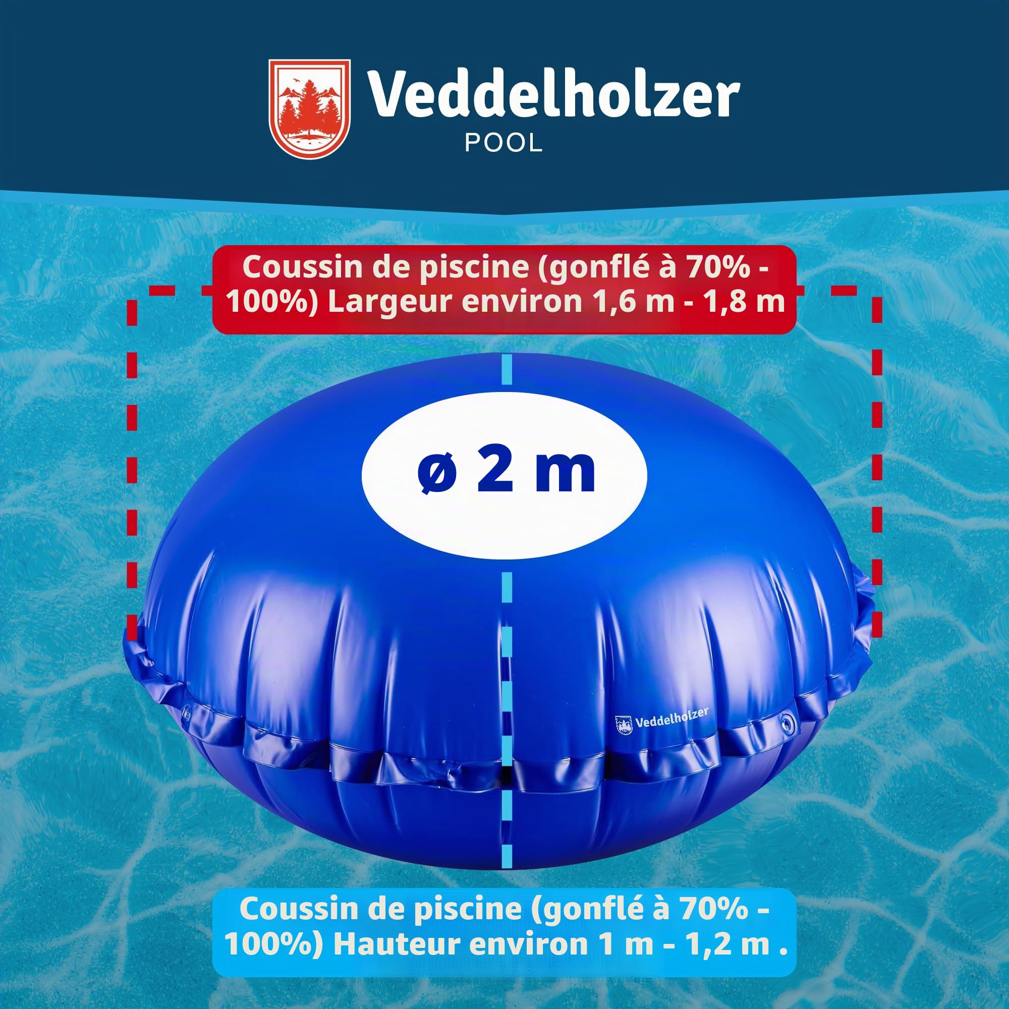 Veddelholzer XXL Ø2 m Coussin de piscine rond Set Incl. 6 m de corde de fixation & kit de réparation Coussin gonflable pour couverture de piscine. Accessoire de piscine parfait pour la toiture et la