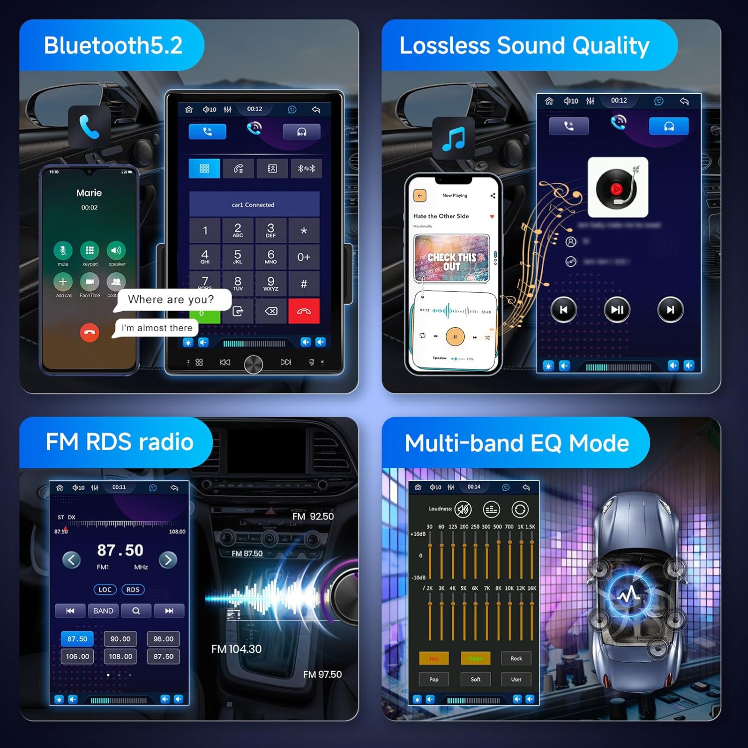 Diagram illustrating the adjustable screen features of the car stereo, including vertical movement, screen shake adjustment, and regulation/fixed modes.