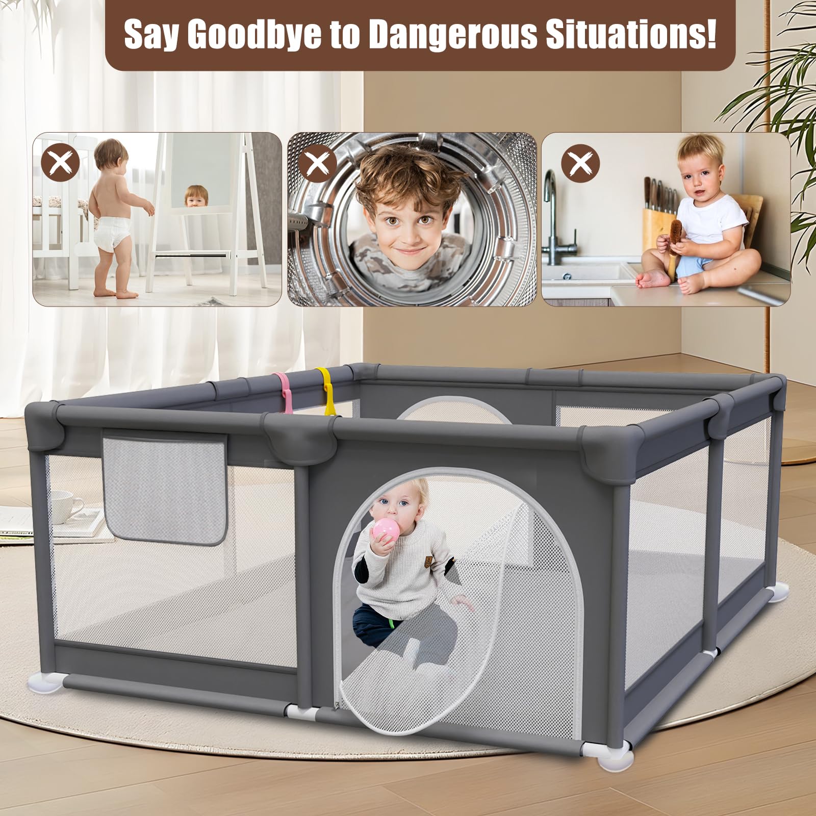 Box per bambini, 150 x 180 cm, con 2 anelli di trazione | base antiscivolo, porta con cerniera interna, tessuto Oxford impermeabile, tubi in acciaio ispessito