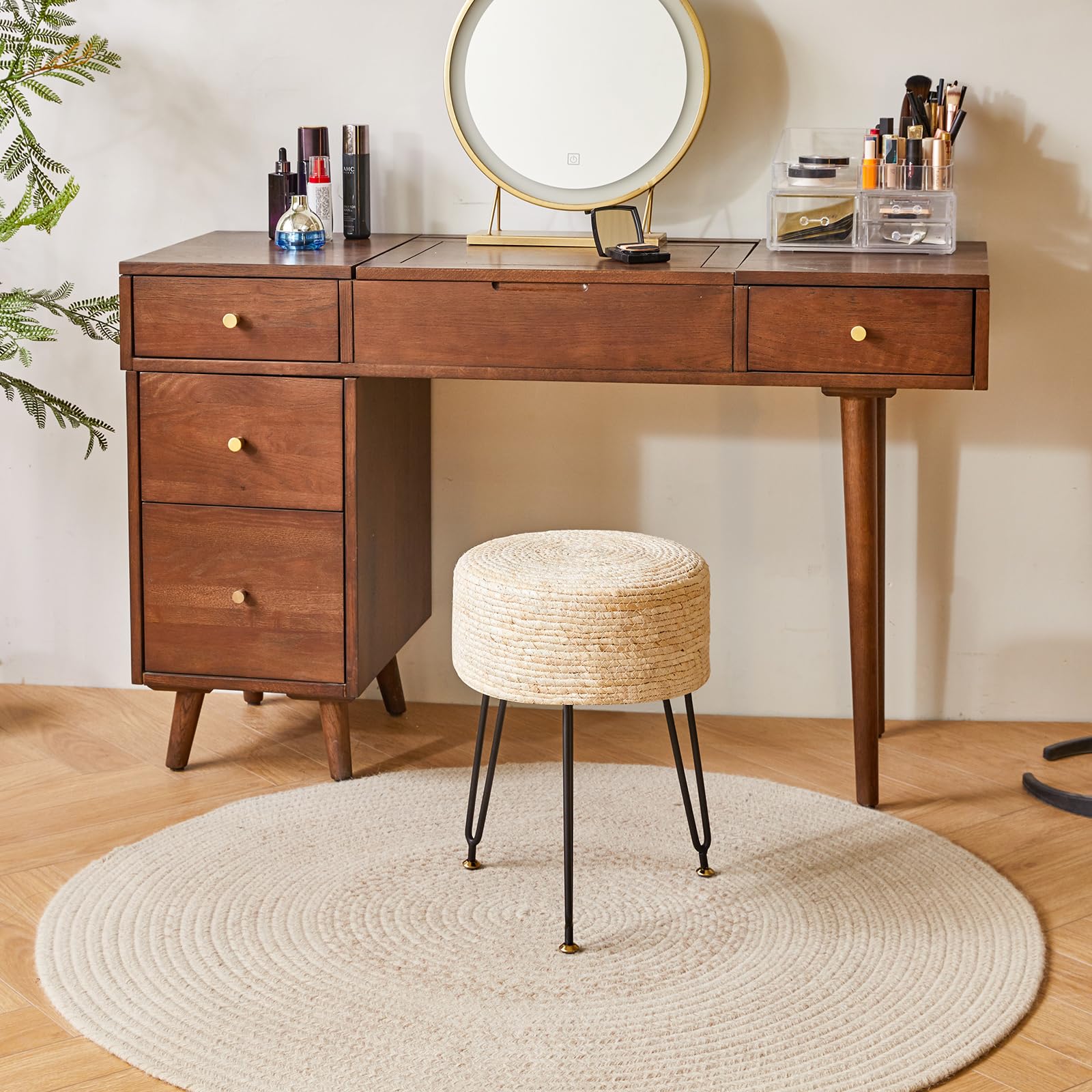 Sgabello Ottomano Rotondo Bianco - 32x32x32cm, Poggiapiedi Per Divano, Gambe Legno - Foto 11