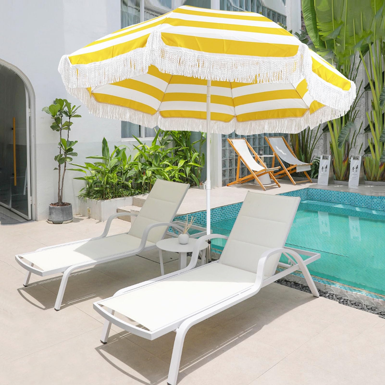 Parasol de Jardin Plage Anti UV 50+ 180cm Inclinable Frange Jaune Blanc Rayé Balcon Terrasse Extérieur